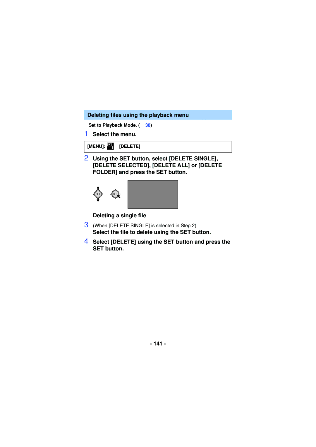 Panasonic HX-WA30, HX-WA03, HXWA03H owner manual Deleting files using the playback menu, Menu # Delete 