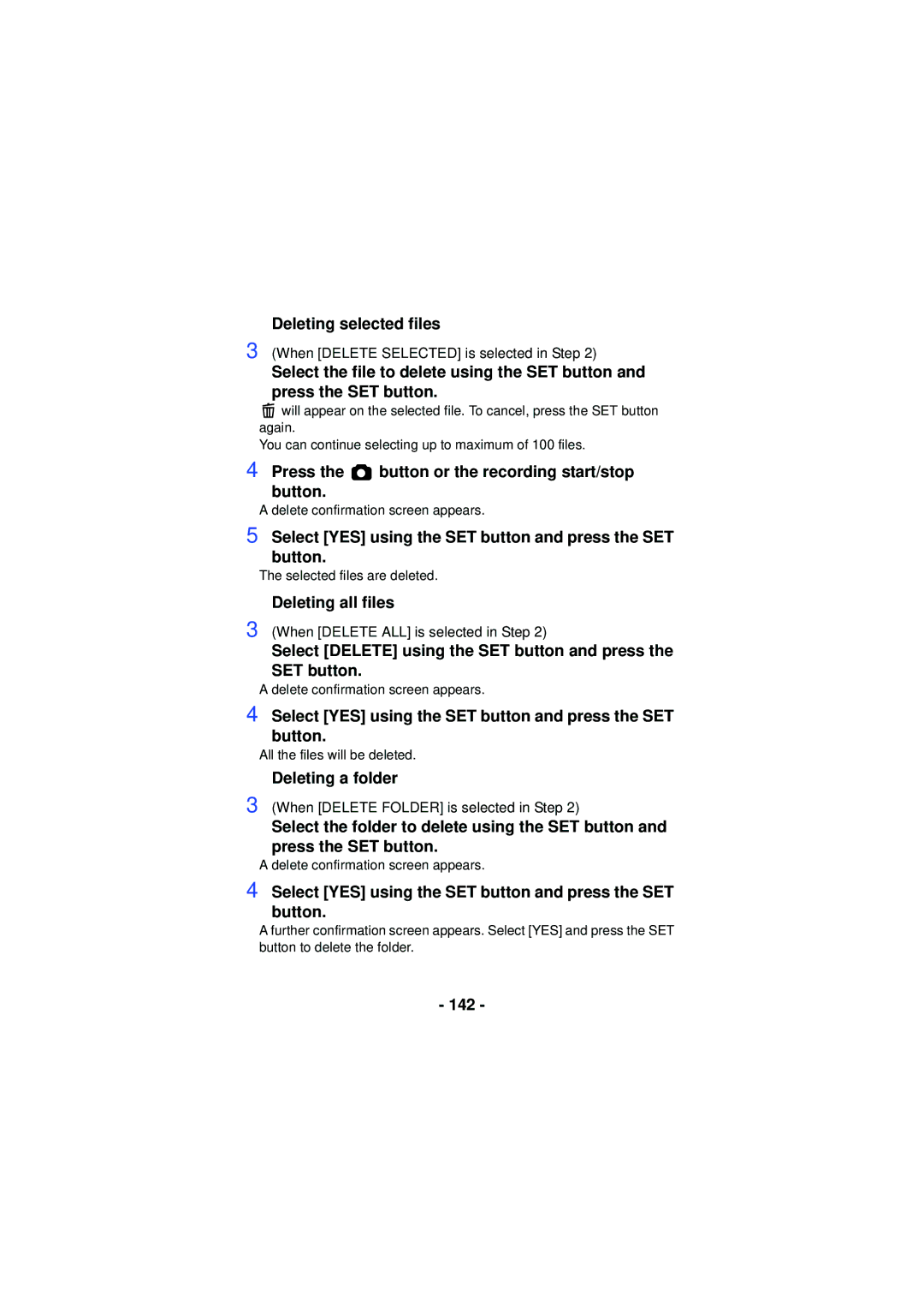Panasonic HX-WA03 Deleting selected files, Press the button or the recording start/stop Button, Deleting all files, 142 