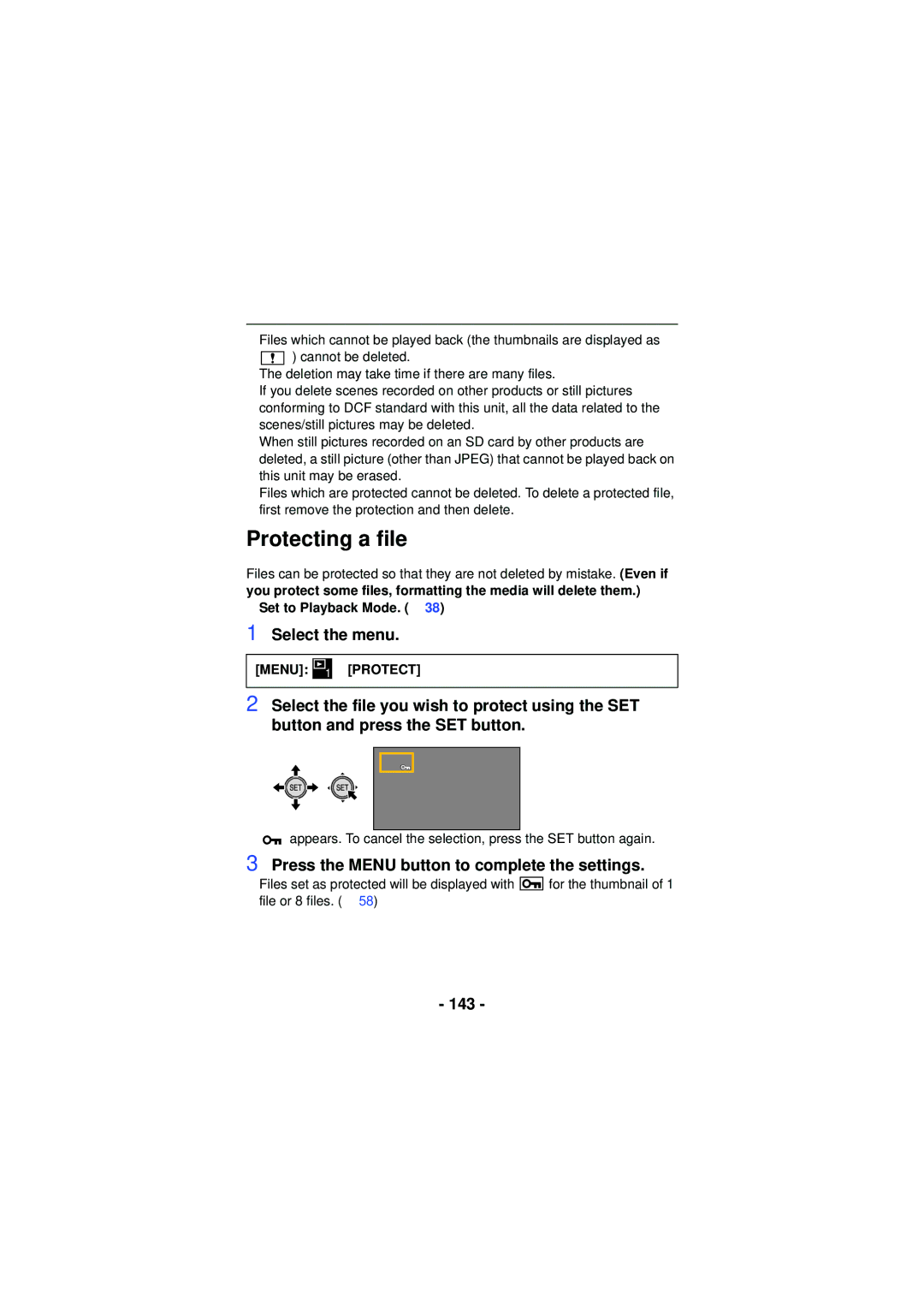 Panasonic HXWA03H, HX-WA30, HX-WA03 Protecting a file, Press the Menu button to complete the settings, 143, # Protect 