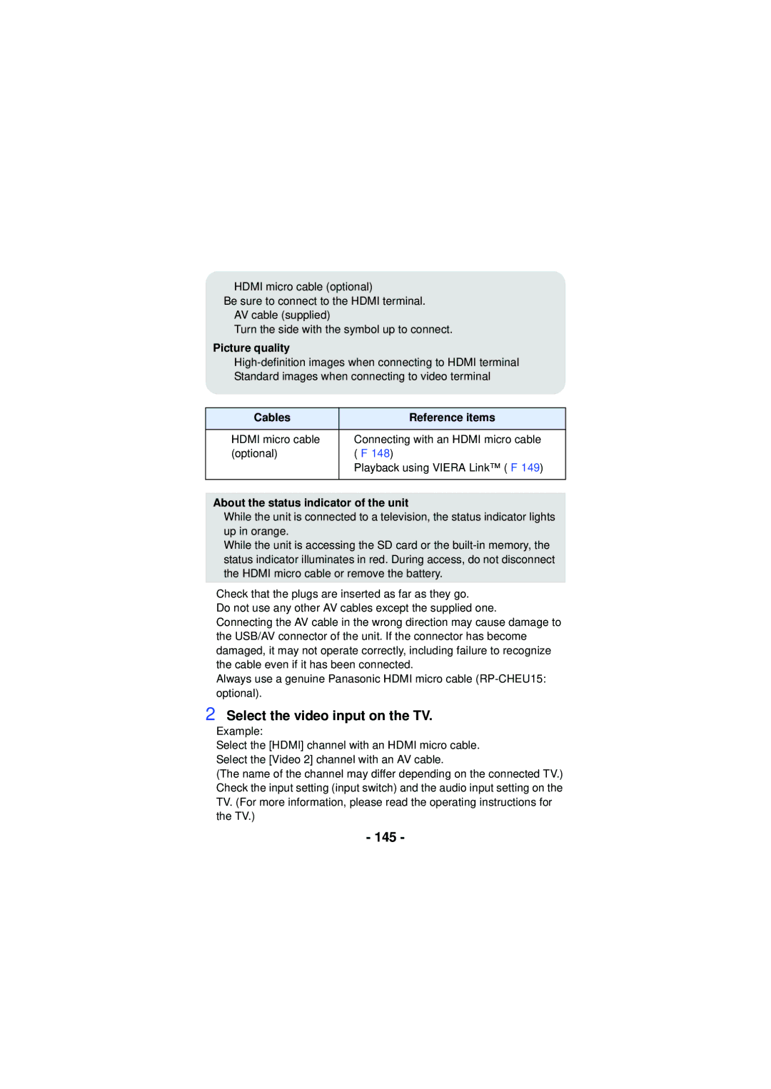 Panasonic HX-WA30, HX-WA03, HXWA03H Select the video input on the TV, 145, Picture quality, Cables Reference items 