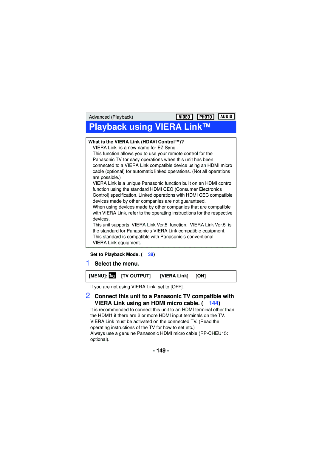 Panasonic HX-WA30, HX-WA03, HXWA03H owner manual Playback using Viera Link, 149, What is the Viera Link Hdavi Control? 