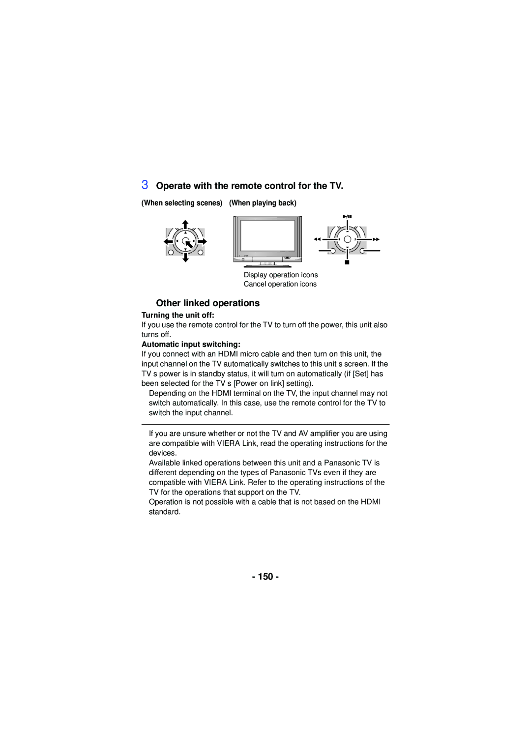 Panasonic HX-WA03, HX-WA30, HXWA03H owner manual Operate with the remote control for the TV, Other linked operations, 150 