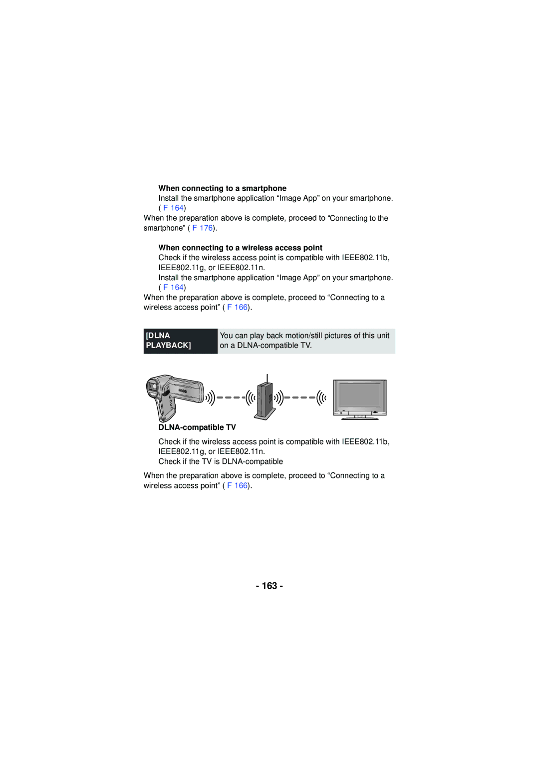 Panasonic HXWA03H 163, When connecting to a smartphone, When connecting to a wireless access point, DLNA-compatible TV 