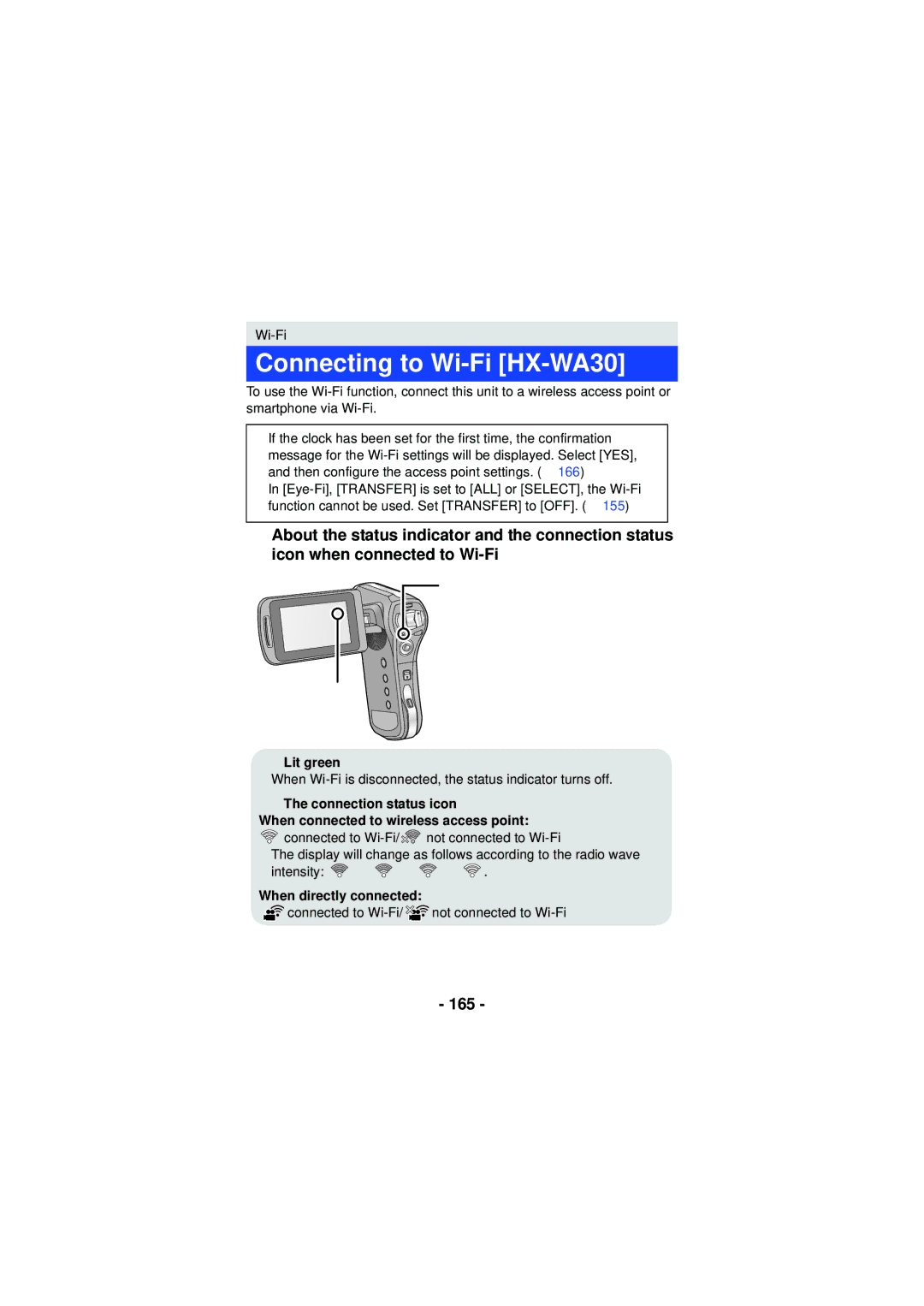 Panasonic HX-WA03, HXWA03H owner manual Connecting to Wi-Fi HX-WA30, 165, Lit green, When directly connected 