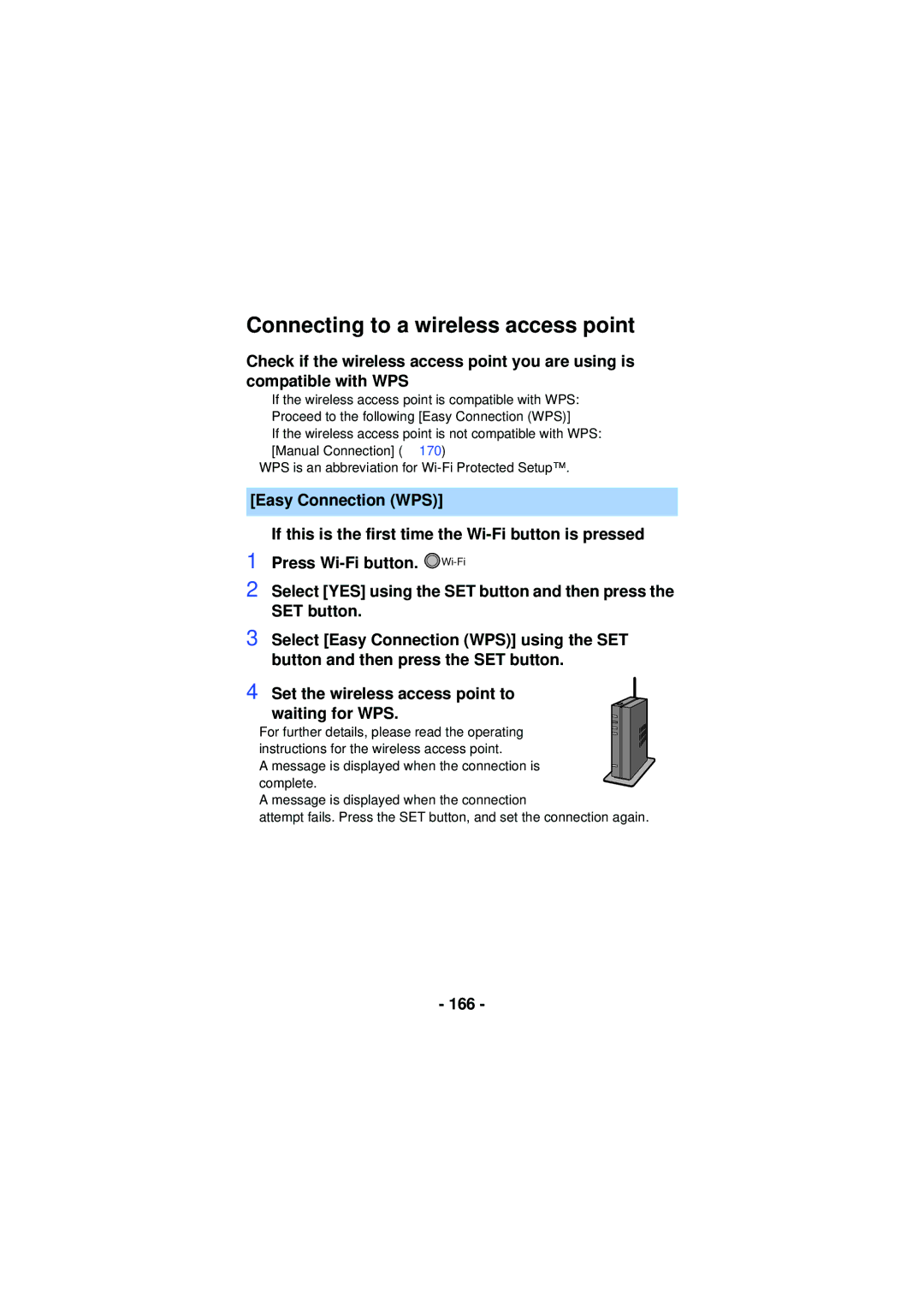 Panasonic HX-WA03, HX-WA30, HXWA03H owner manual Connecting to a wireless access point, 166 