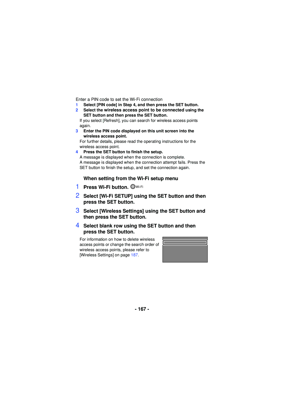 Panasonic HXWA03H, HX-WA30, HX-WA03 owner manual 167, Press the SET button to finish the setup 