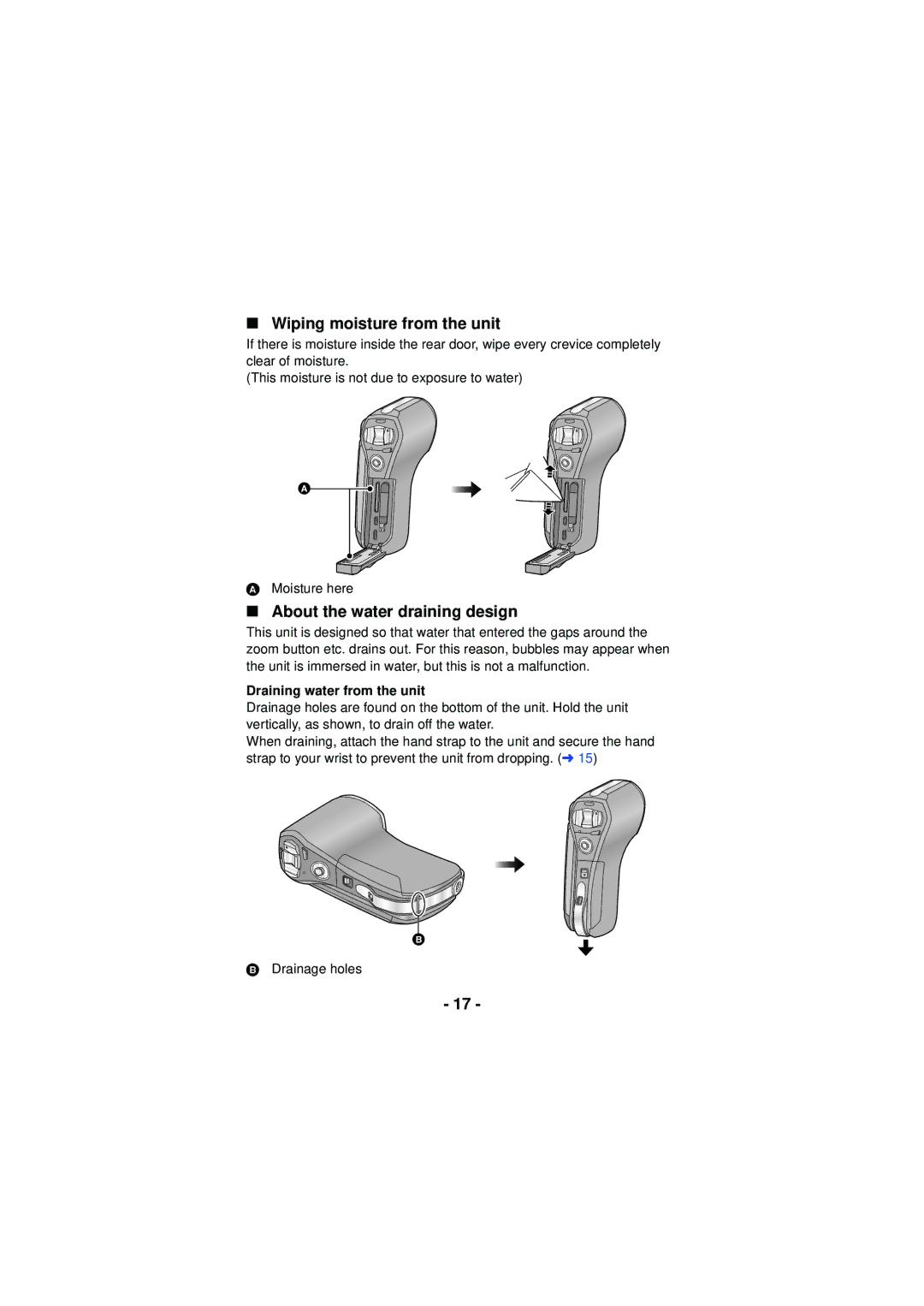 Panasonic HX-WA30, HX-WA03 Wiping moisture from the unit, About the water draining design, Draining water from the unit 