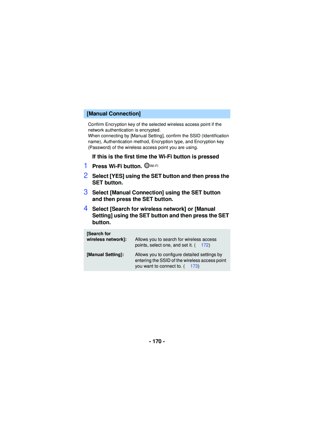 Panasonic HX-WA03, HX-WA30, HXWA03H owner manual Manual Connection, 170, Search for 