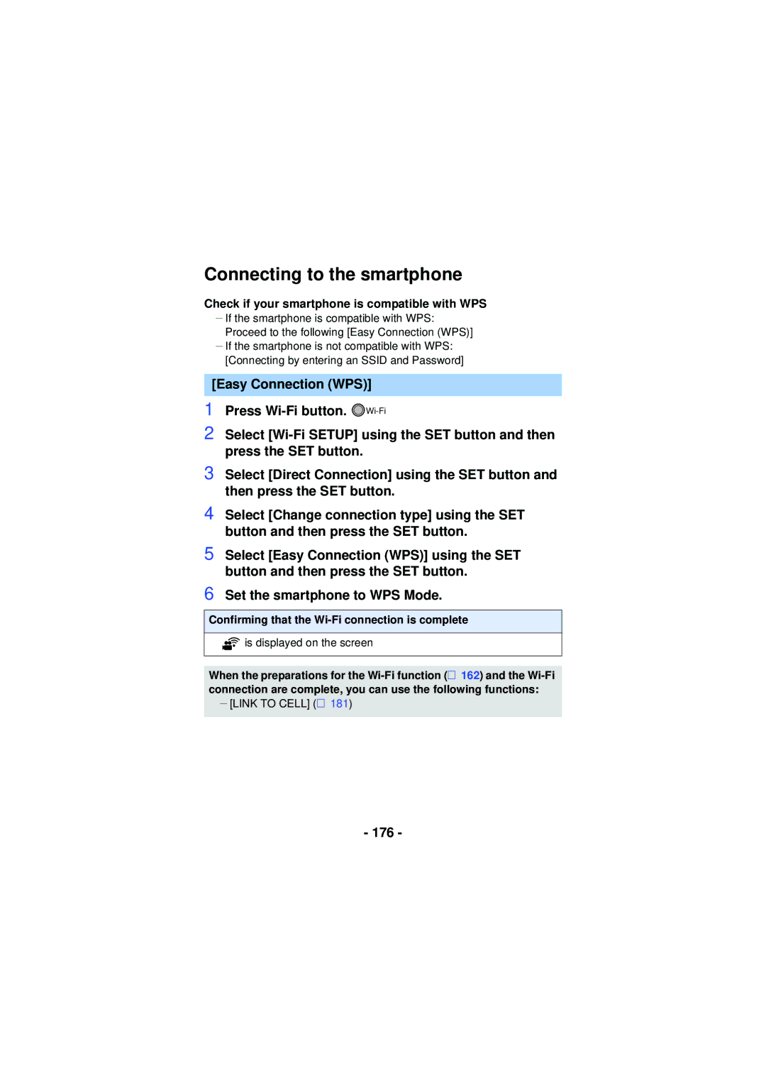 Panasonic HX-WA30, HX-WA03, HXWA03H owner manual Connecting to the smartphone, 176 