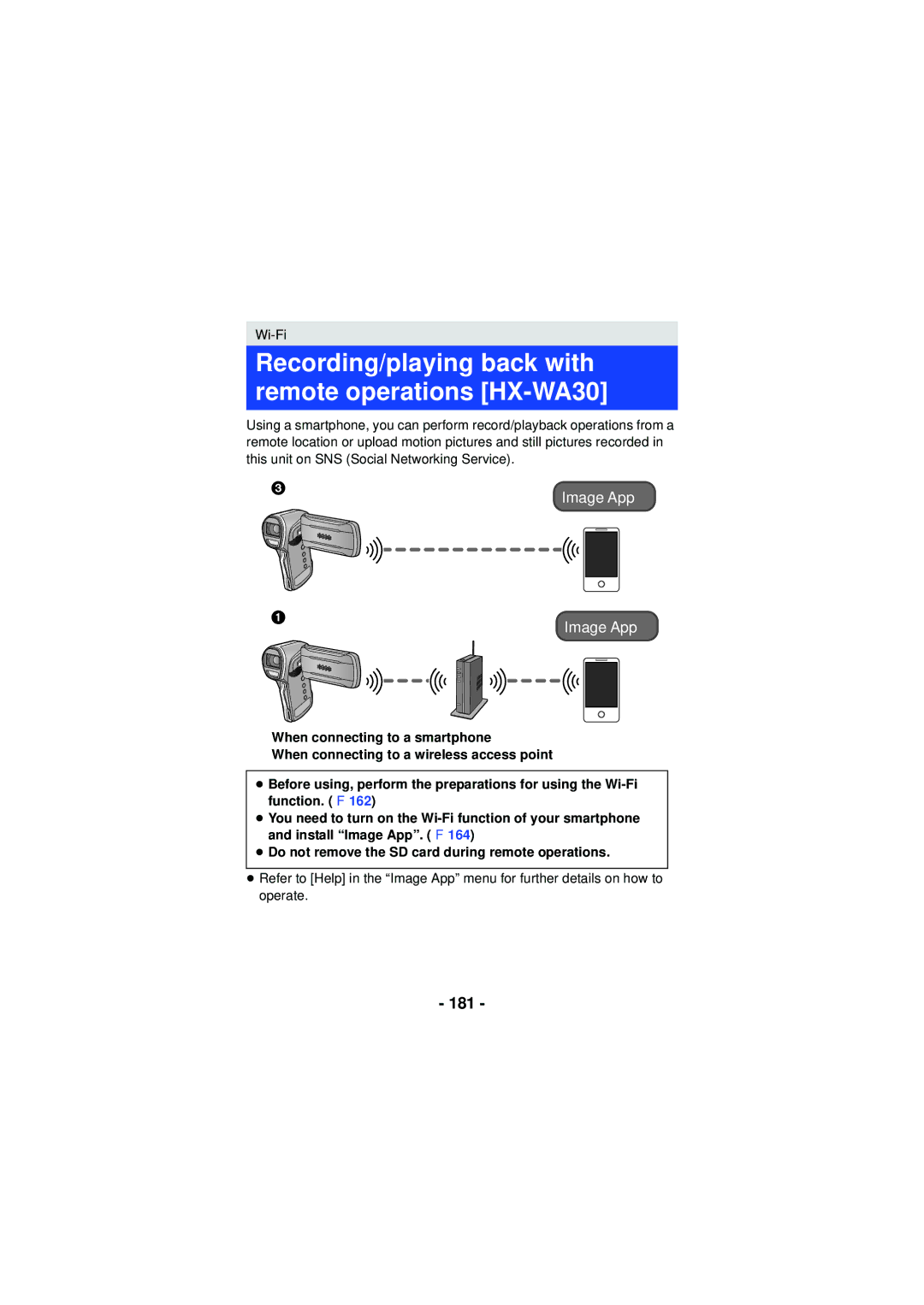 Panasonic HX-WA03, HXWA03H owner manual Recording/playing back with remote operations HX-WA30, 181 