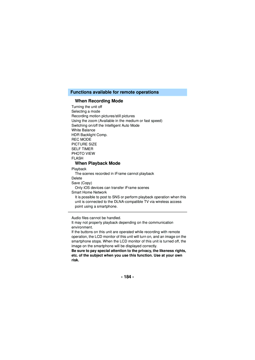 Panasonic HX-WA30, HX-WA03, HXWA03H owner manual When Playback Mode, 184 