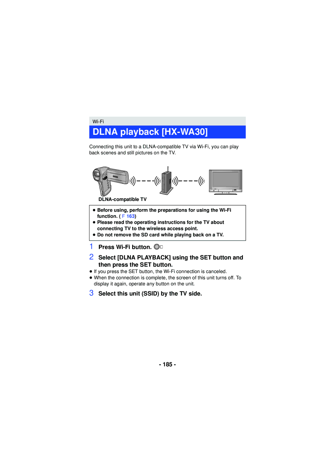 Panasonic HX-WA03, HXWA03H owner manual Dlna playback HX-WA30, Select this unit Ssid by the TV side 185 