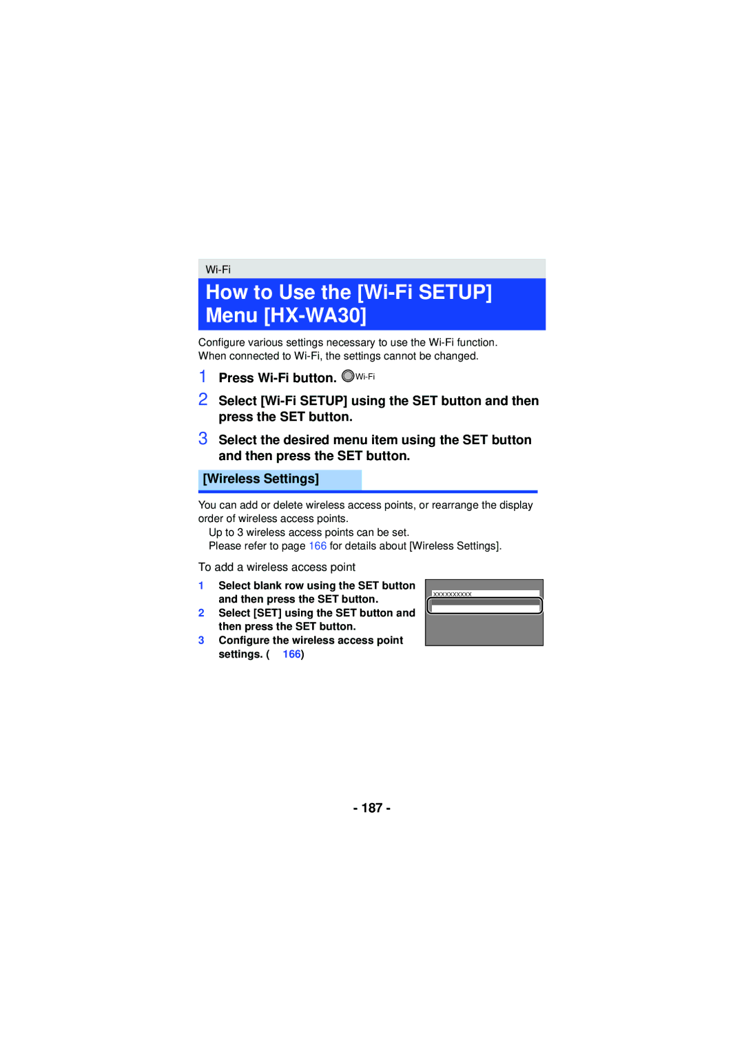 Panasonic HXWA03H, HX-WA03 owner manual How to Use the Wi-Fi Setup Menu HX-WA30, 187 