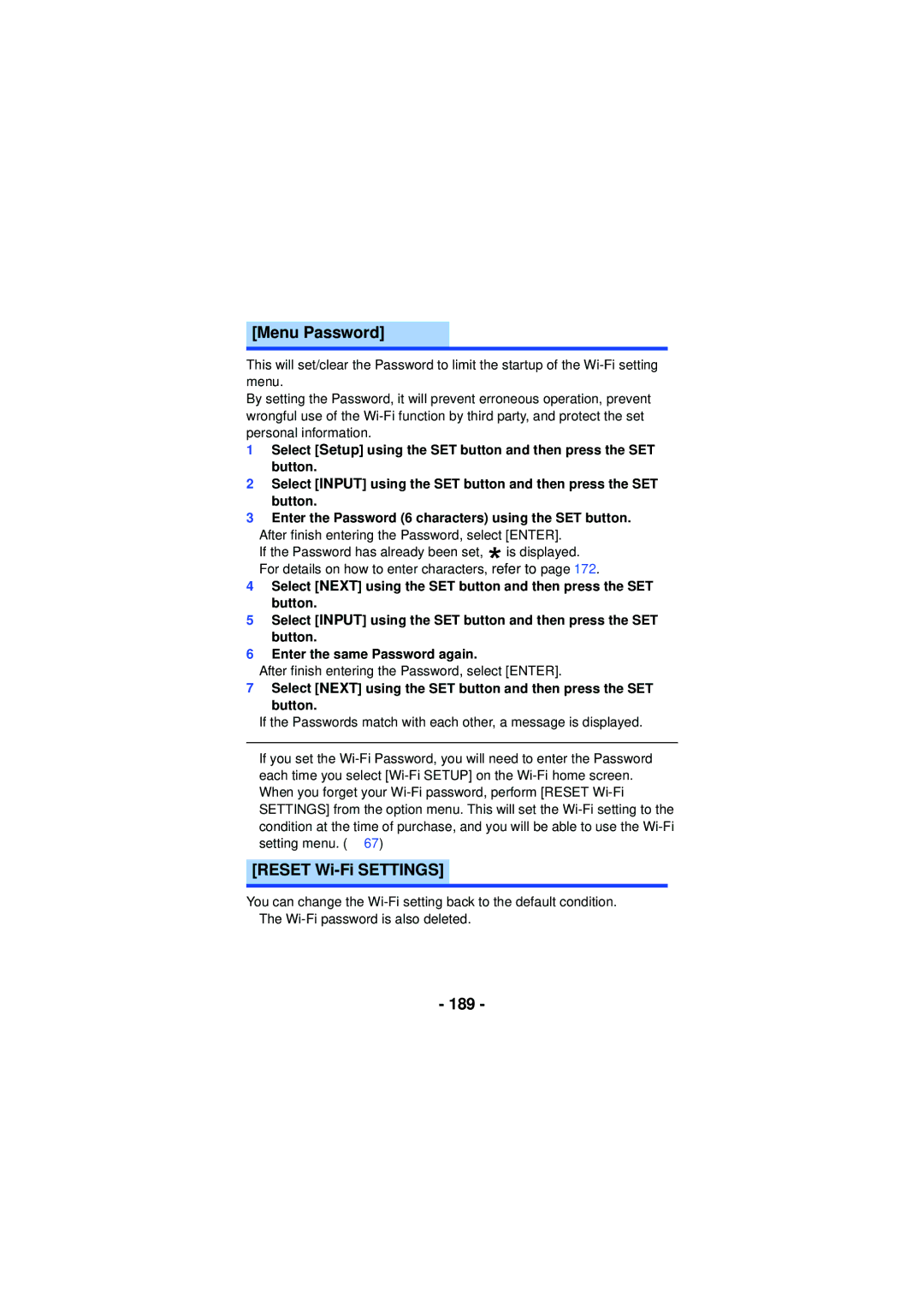 Panasonic HX-WA30, HX-WA03, HXWA03H owner manual Menu Password, Reset Wi-Fi Settings, 189 
