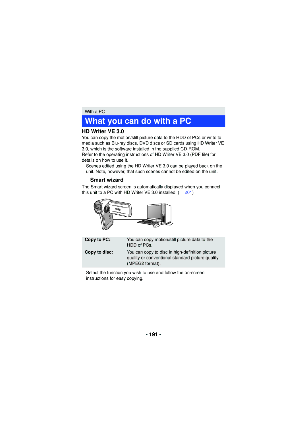 Panasonic HXWA03H, HX-WA30, HX-WA03 owner manual What you can do with a PC, HD Writer VE, Smart wizard, 191 