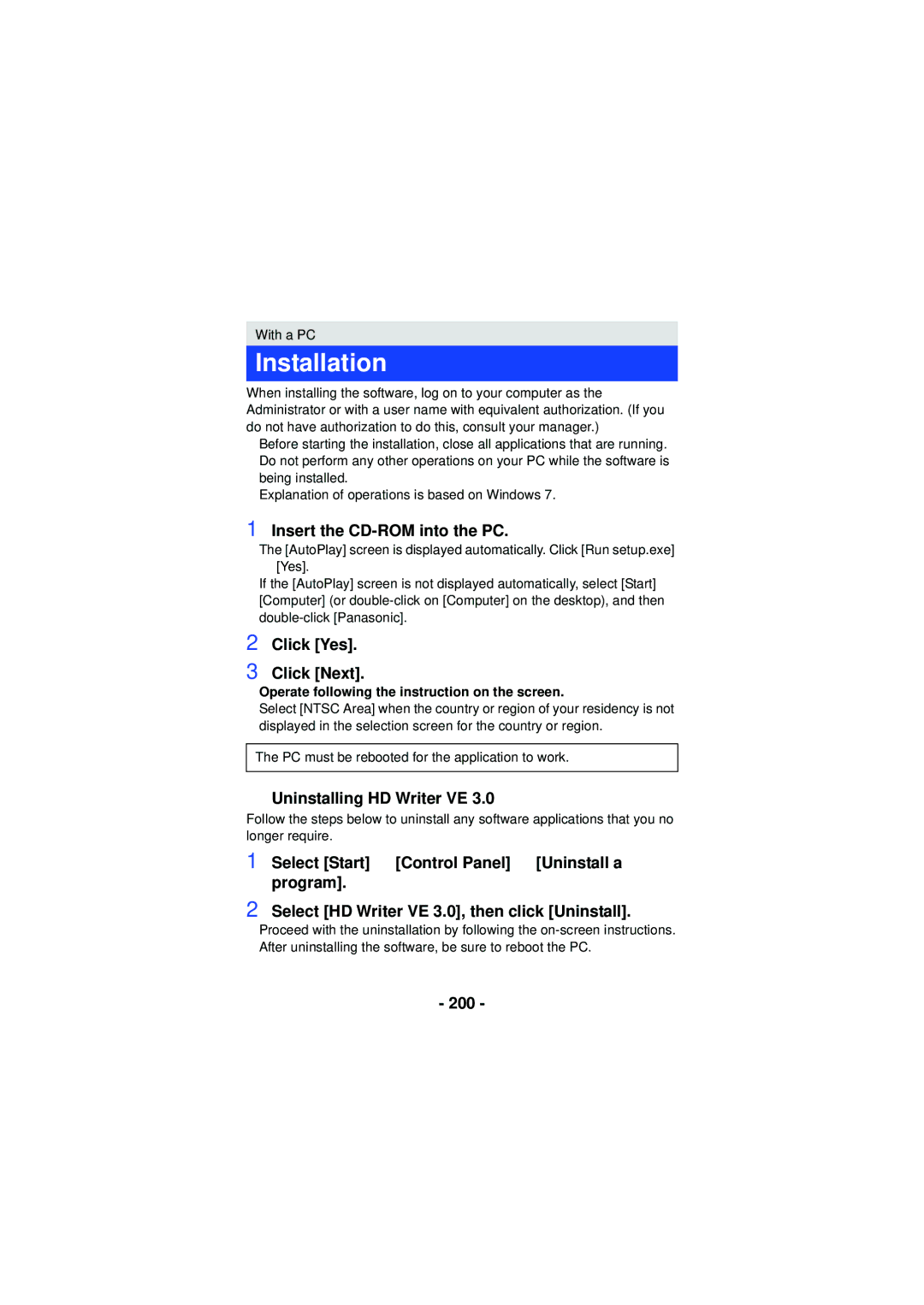 Panasonic HX-WA3 Installation, Insert the CD-ROM into the PC, Click Yes. Click Next, Uninstalling HD Writer VE, 200 