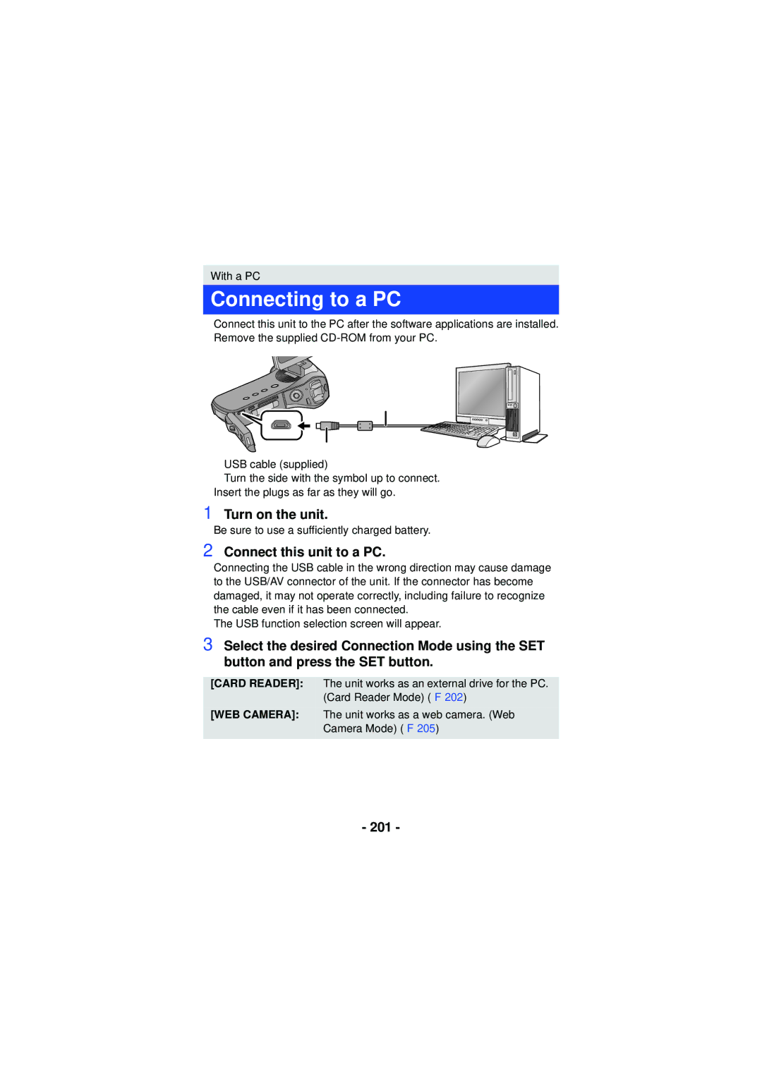 Panasonic HX-WA30, HX-WA03, HXWA03H owner manual Connecting to a PC, Turn on the unit, Connect this unit to a PC, 201 