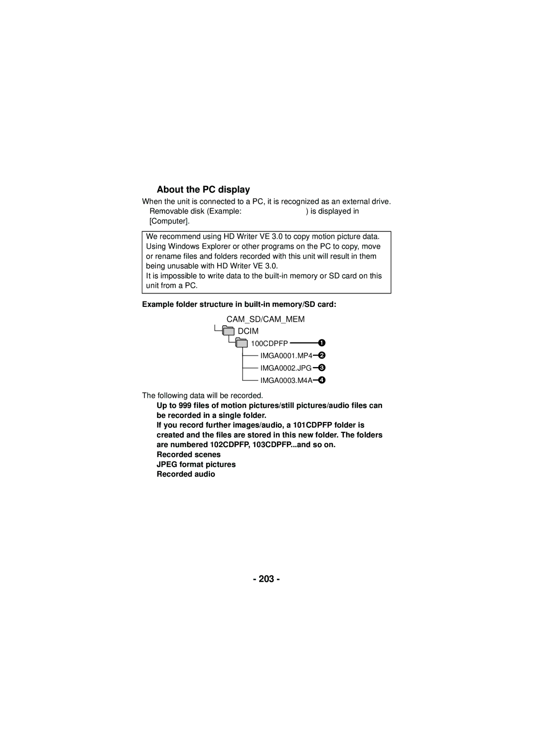 Panasonic HXWA03H, HX-WA30, HX-WA03 About the PC display, 203, Example folder structure in built-in memory/SD card 