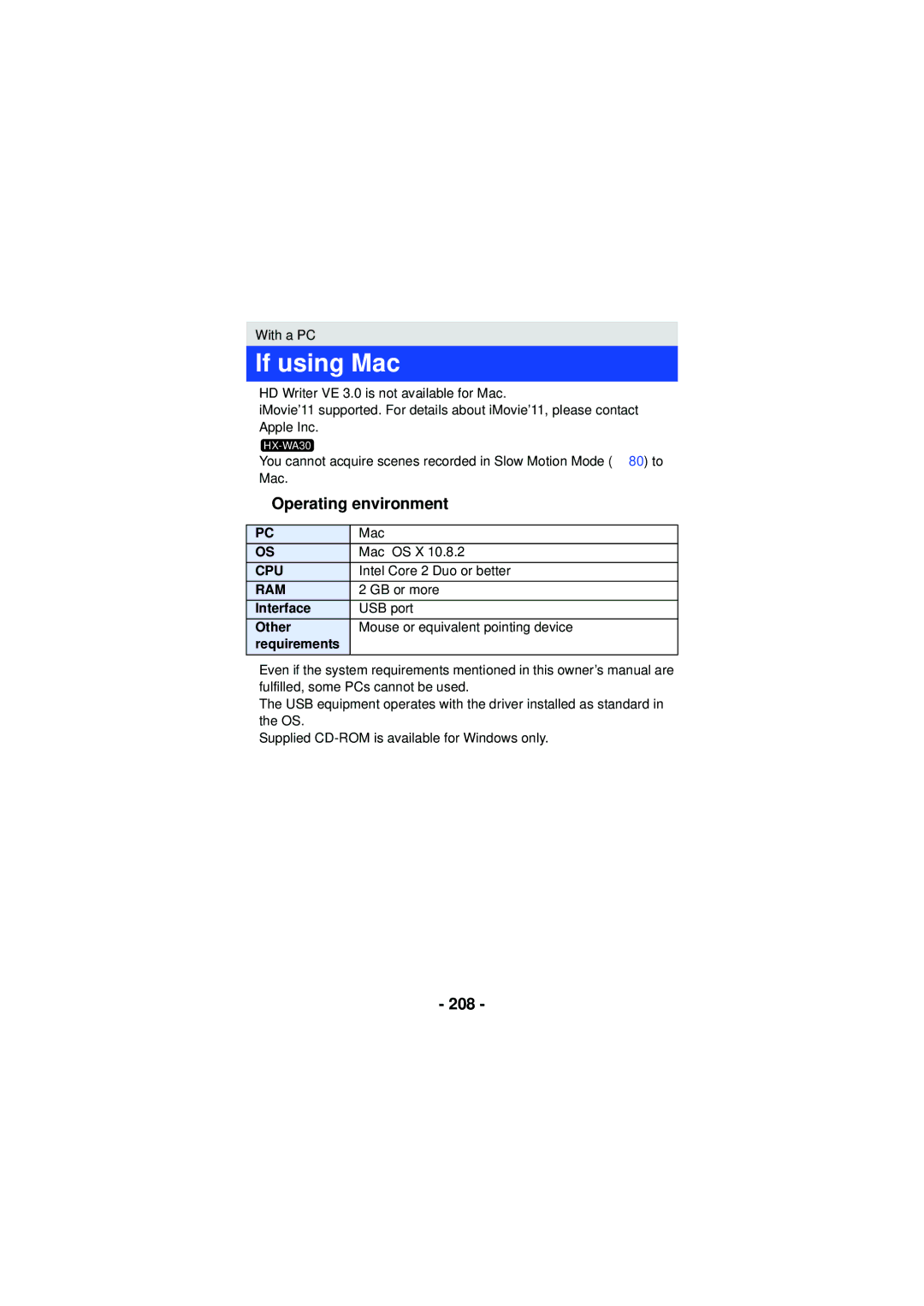 Panasonic HX-WA30, HX-WA03, HXWA03H owner manual If using Mac, Operating environment, 208 