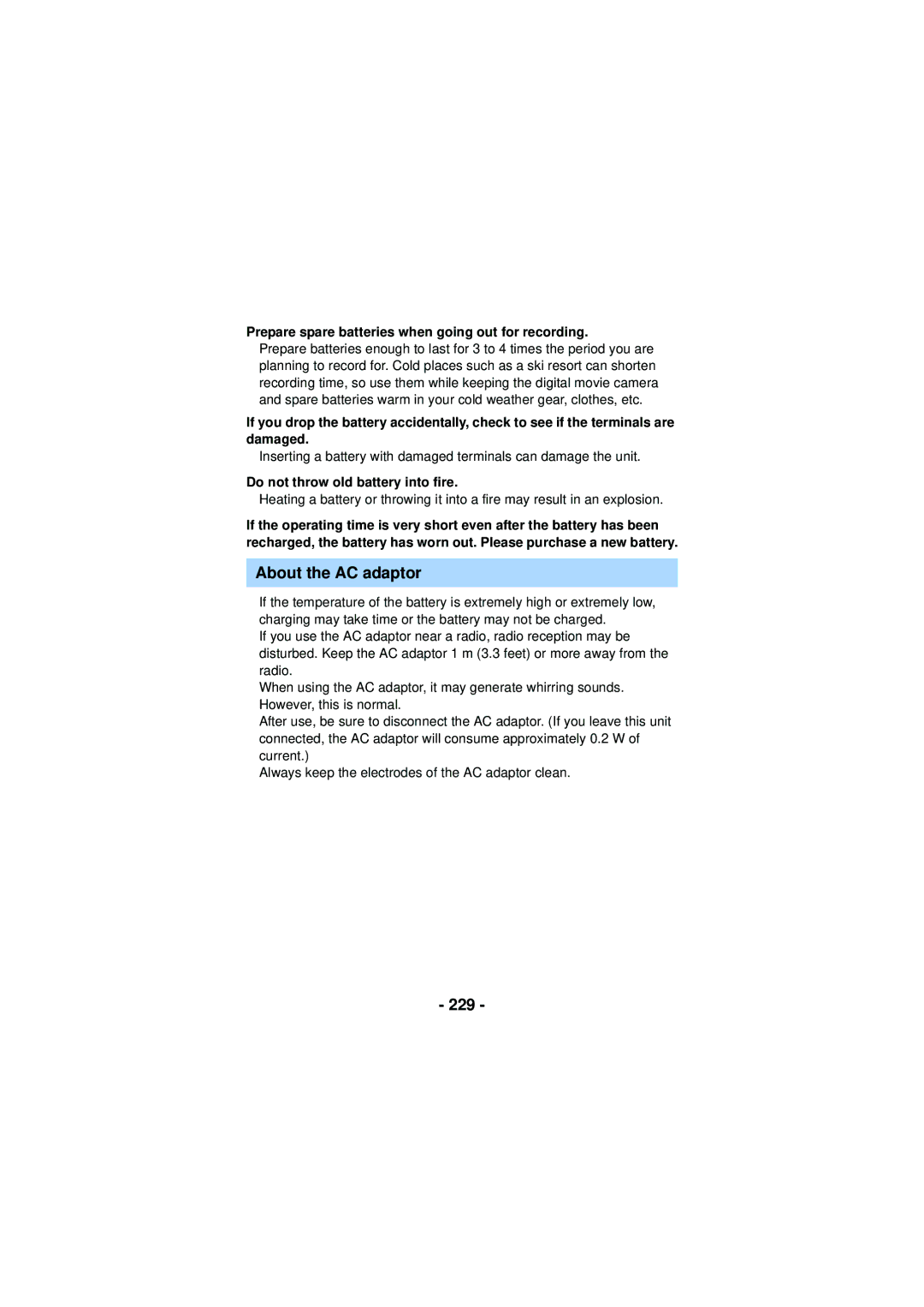 Panasonic HX-WA30, HX-WA03, HXWA03H About the AC adaptor, 229, Prepare spare batteries when going out for recording 