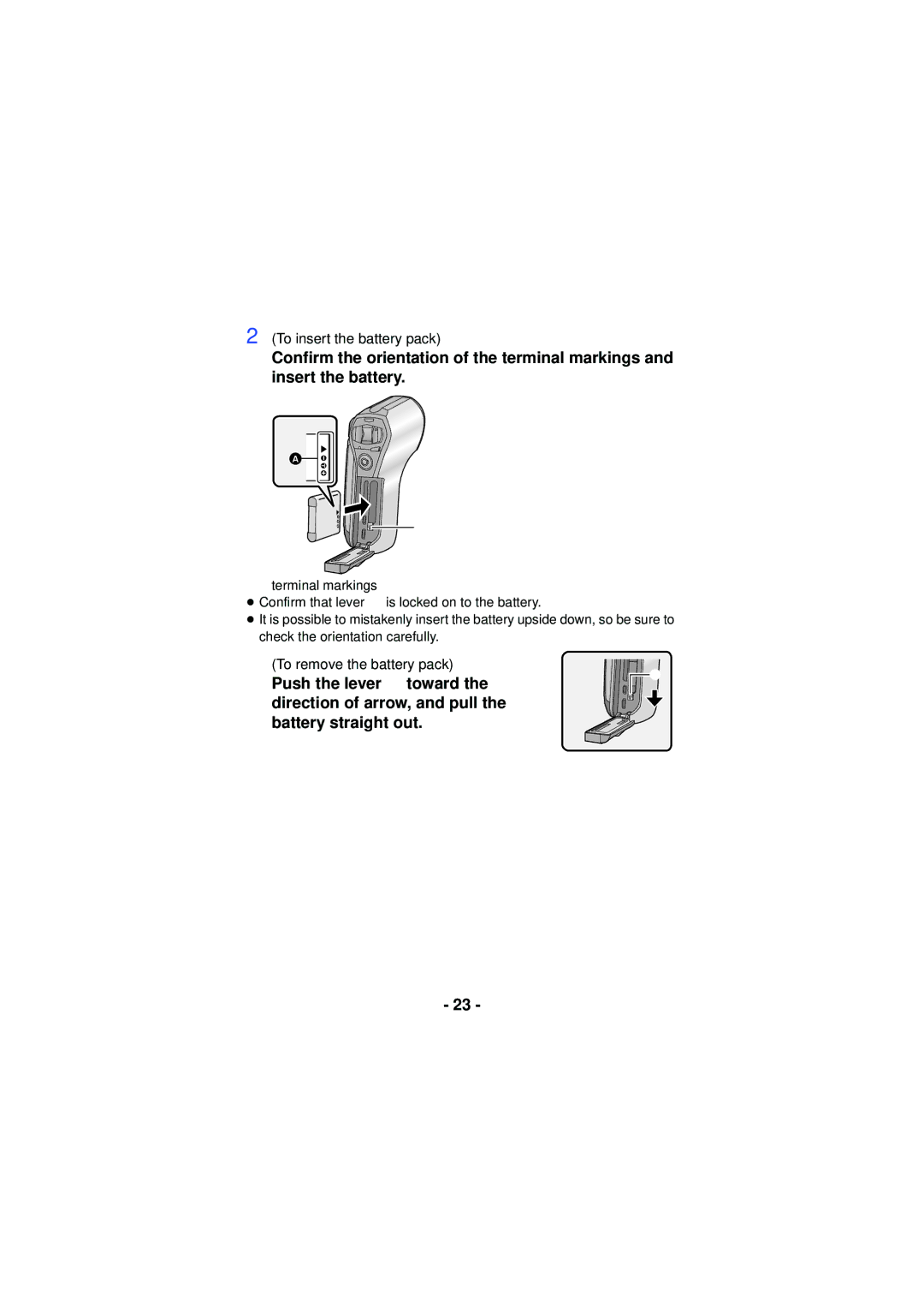 Panasonic HXWA03H, HX-WA30, HX-WA03 Push the lever B toward, Direction of arrow, and pull Battery straight out 