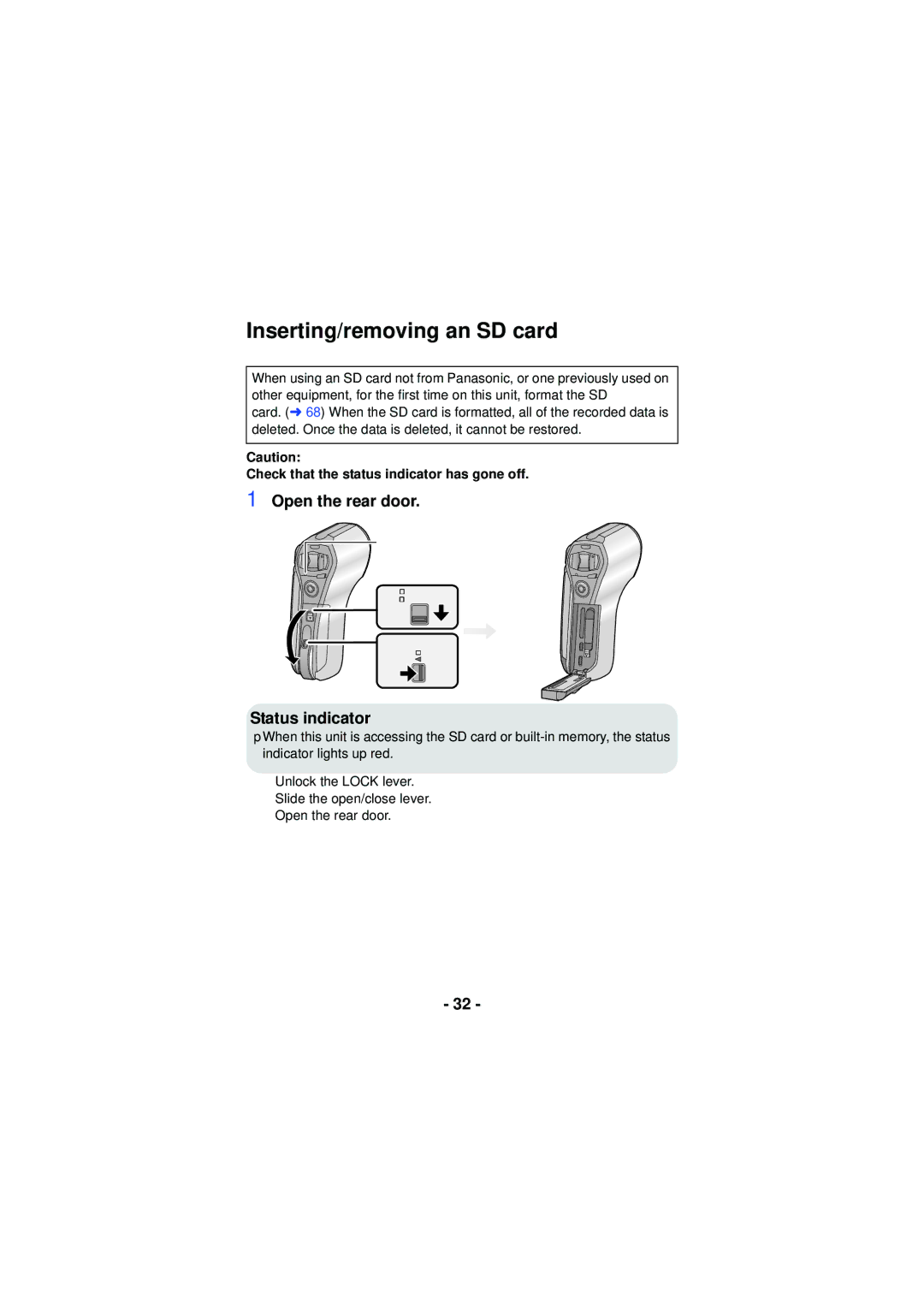 Panasonic HX-WA30 Inserting/removing an SD card, Status indicator a, Check that the status indicator has gone off 