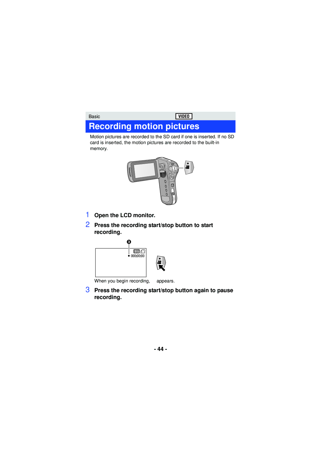 Panasonic HX-WA30, HX-WA03, HXWA03H owner manual Recording motion pictures 