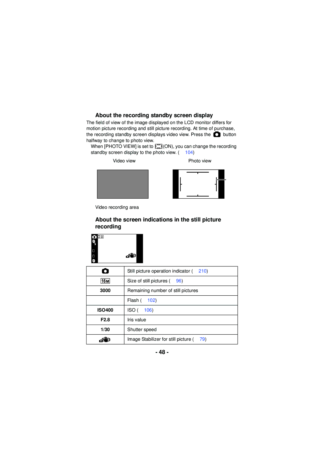 Panasonic HX-WA3 About the recording standby screen display, About the screen indications in the still picture recording 