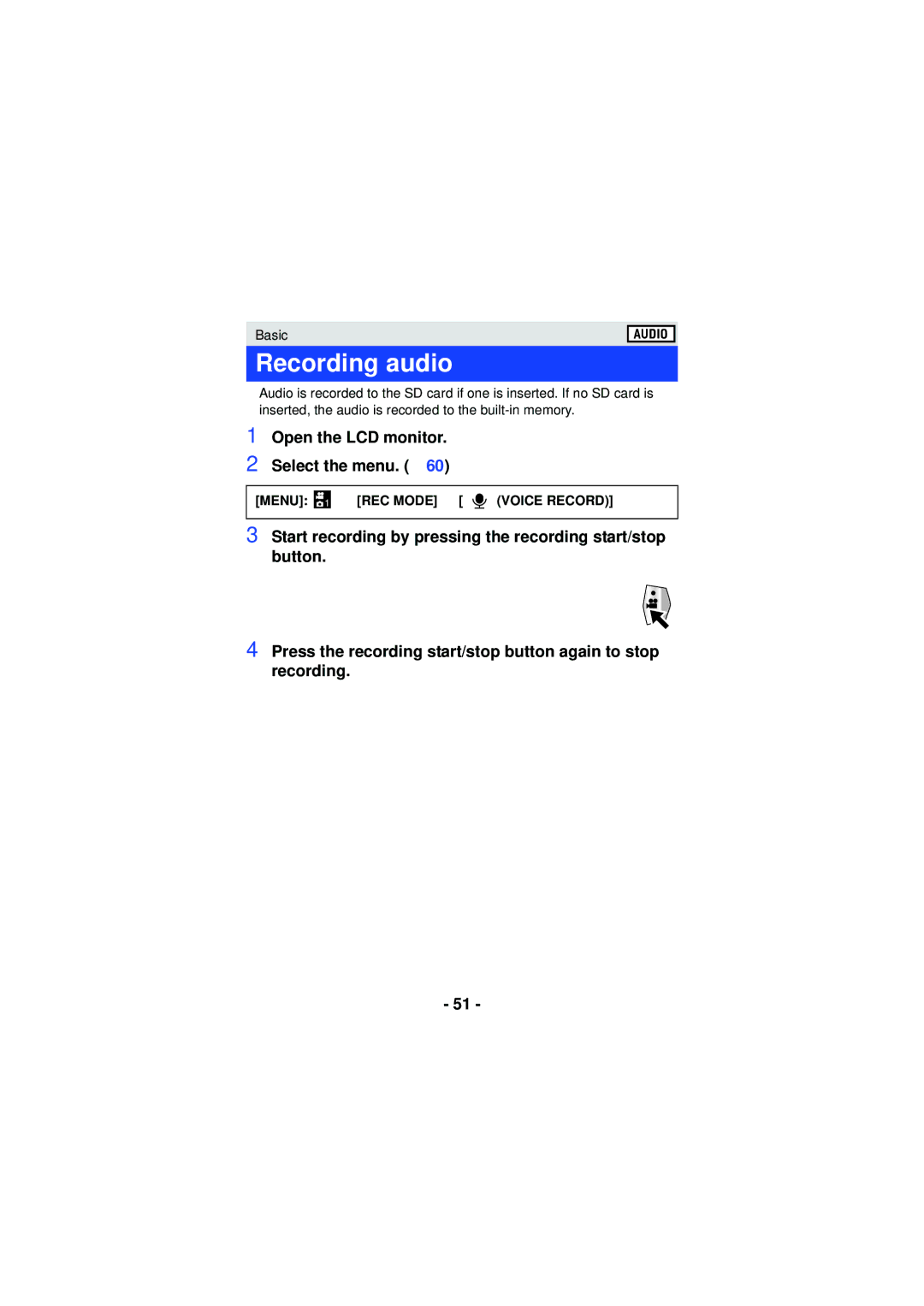 Panasonic HXWA03H, HX-WA3 Recording audio, Open the LCD monitor. Select the menu. l, Menu 1 # REC Mode # Voice Record 