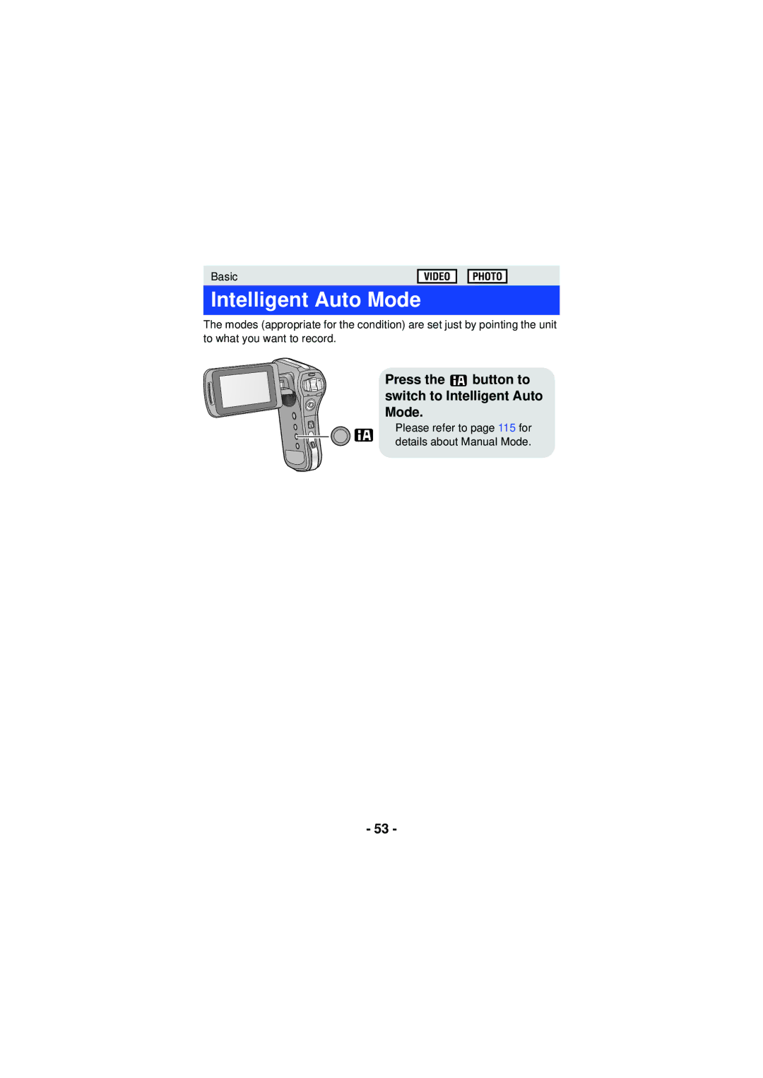 Panasonic HX-WA30, HX-WA03, HXWA03H owner manual Press the button to switch to Intelligent Auto Mode 