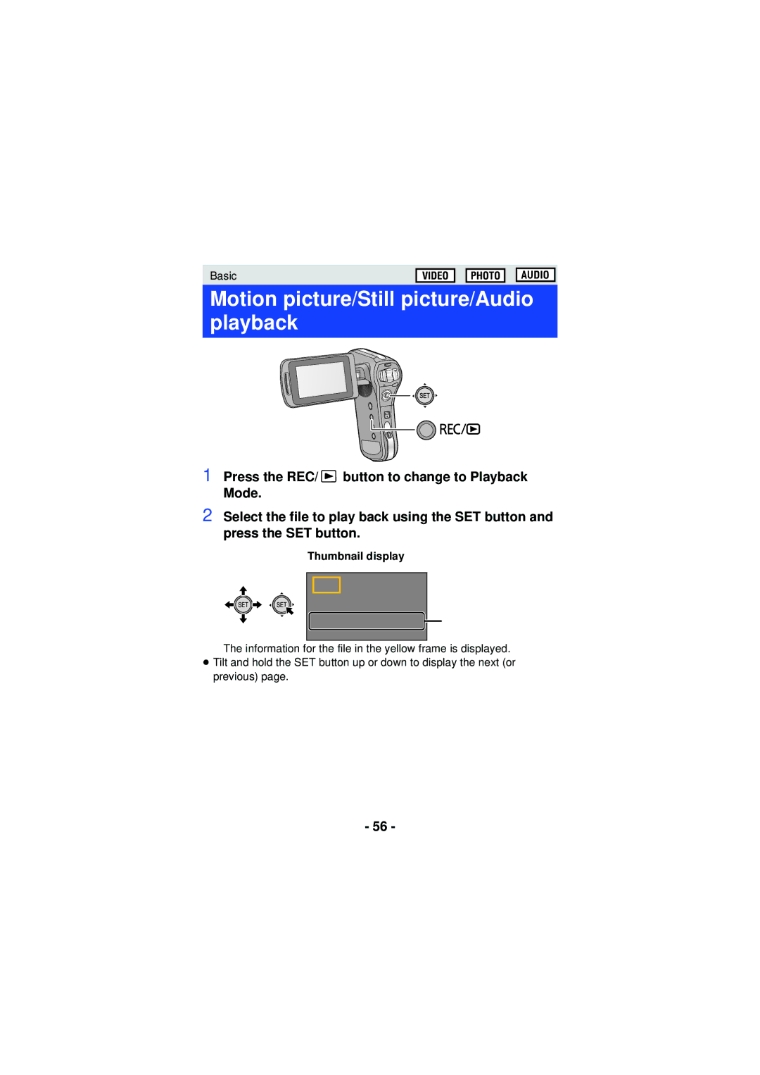 Panasonic HX-WA30, HX-WA03, HXWA03H owner manual Motion picture/Still picture/Audio playback, Thumbnail display 