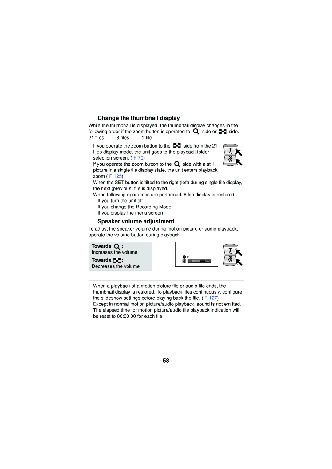 Panasonic HX-WA03, HX-WA3 Change the thumbnail display, Speaker volume adjustment, Towards Decreases the volume 