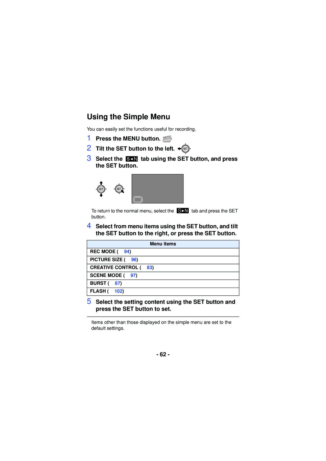 Panasonic HX-WA03, HX-WA30, HXWA03H owner manual Using the Simple Menu 