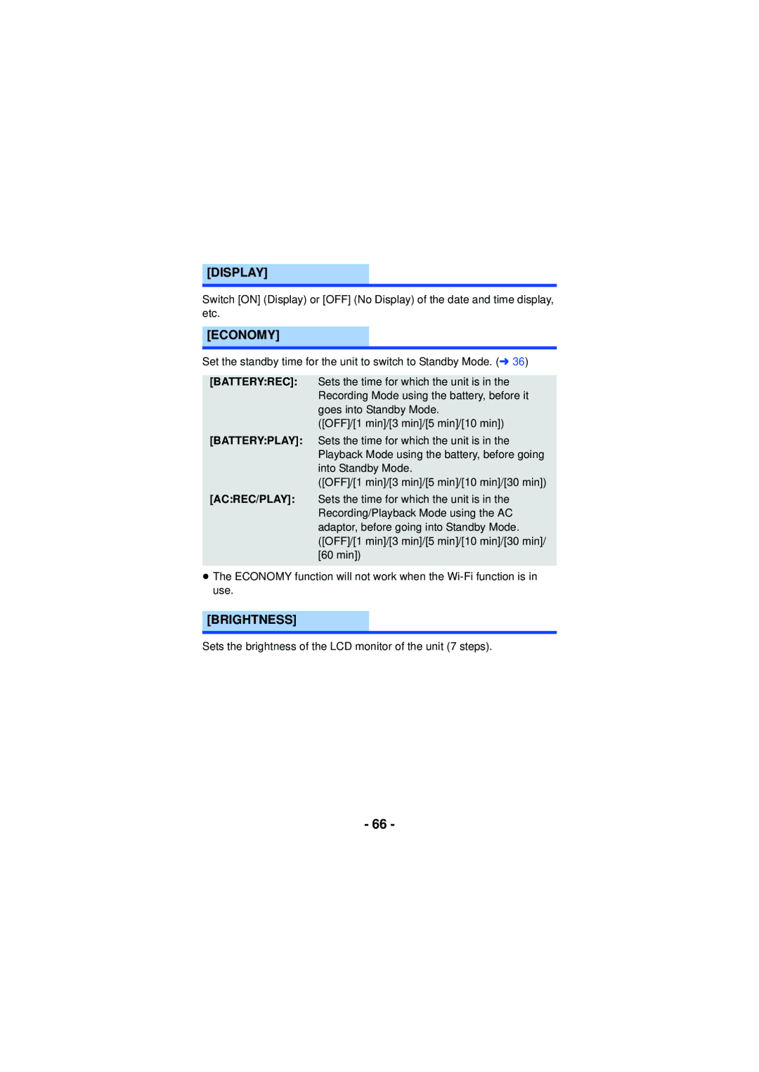 Panasonic HX-WA03, HX-WA30, HXWA03H owner manual Display, Economy, Brightness 