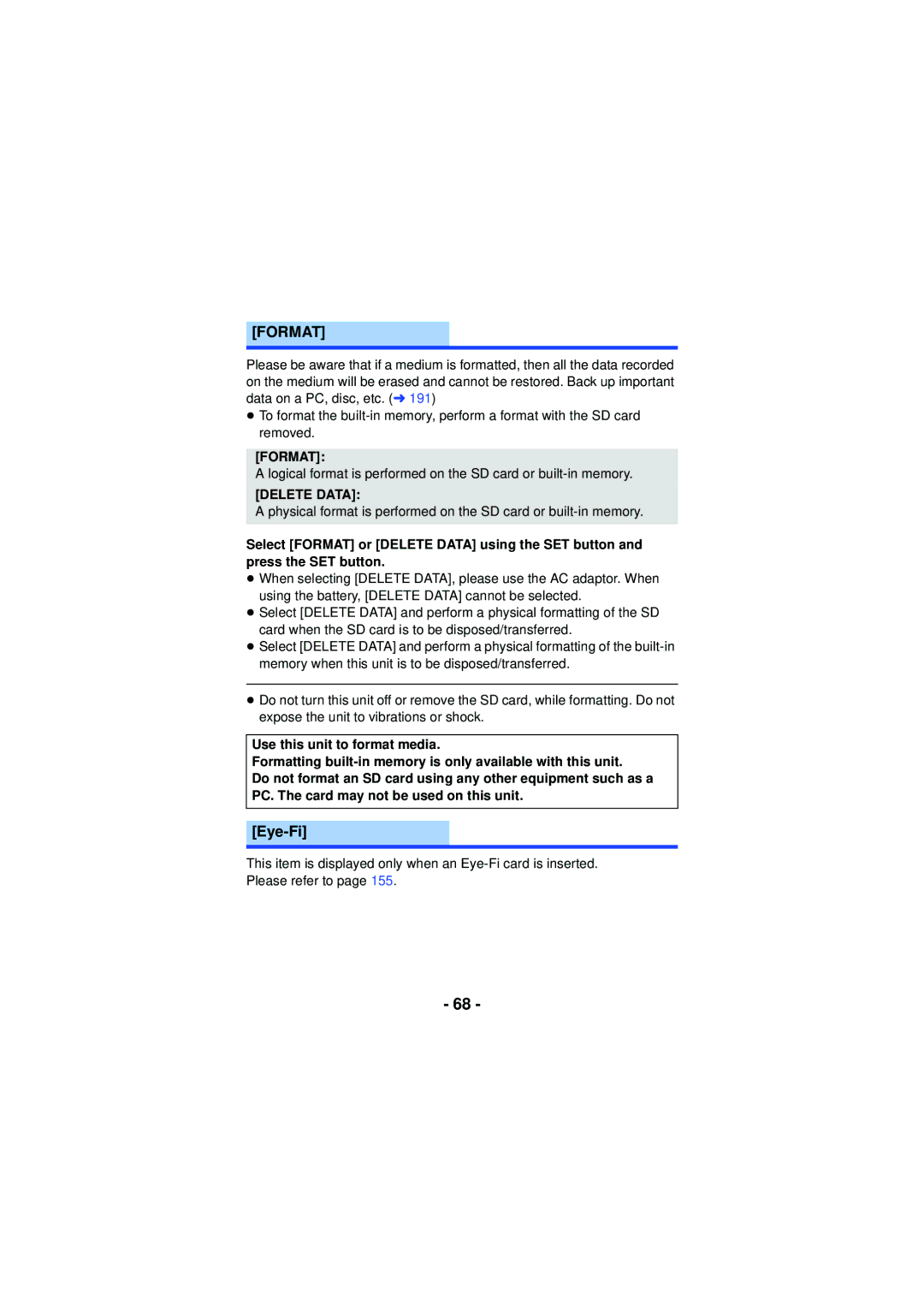 Panasonic HX-WA30, HX-WA03, HXWA03H owner manual Format, Delete Data 