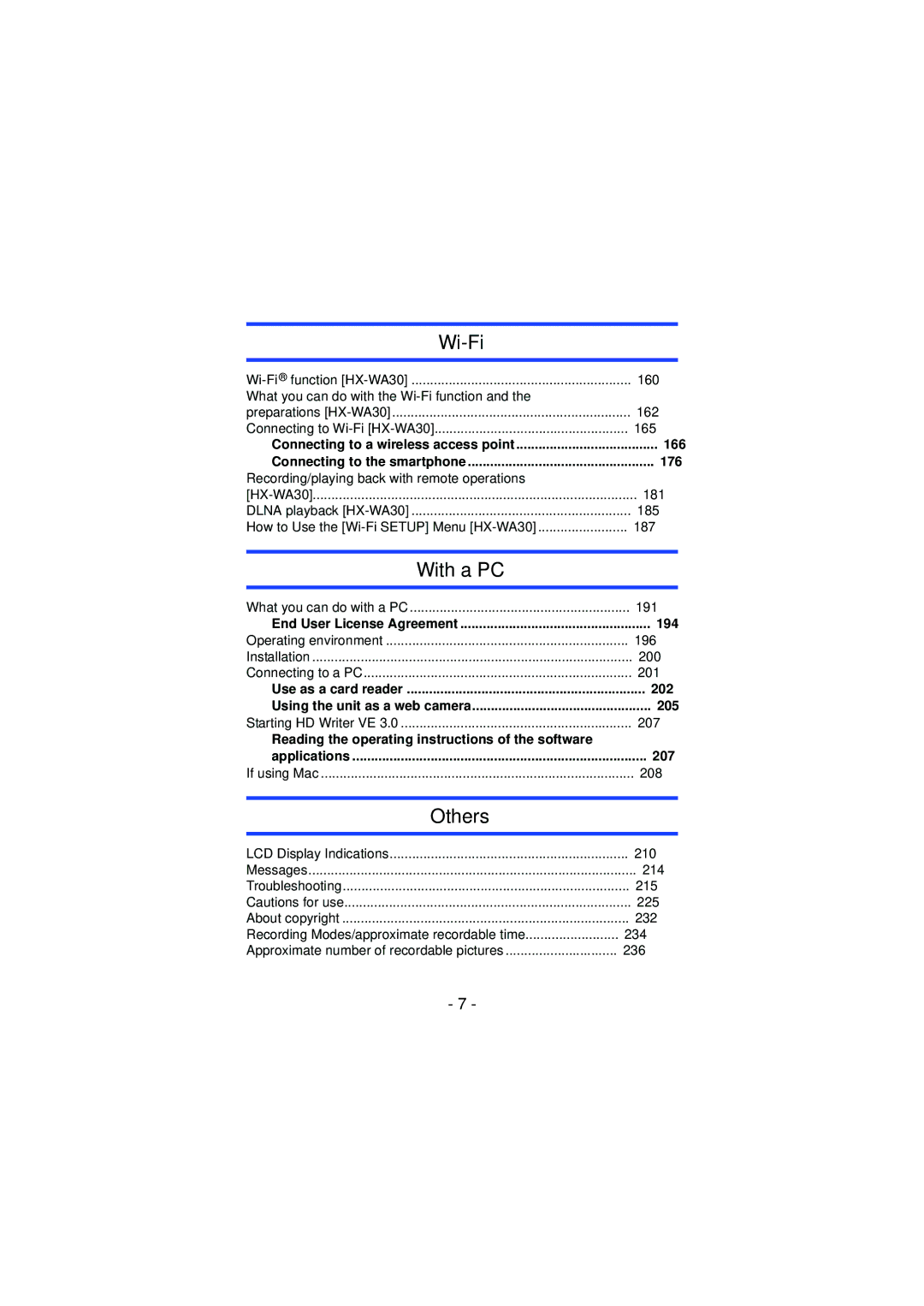 Panasonic HXWA03H 160, What you can do with the Wi-Fi function, 162, 165, 181, 185, 187, 191, 196, 200, 201, 207, 208, 210 
