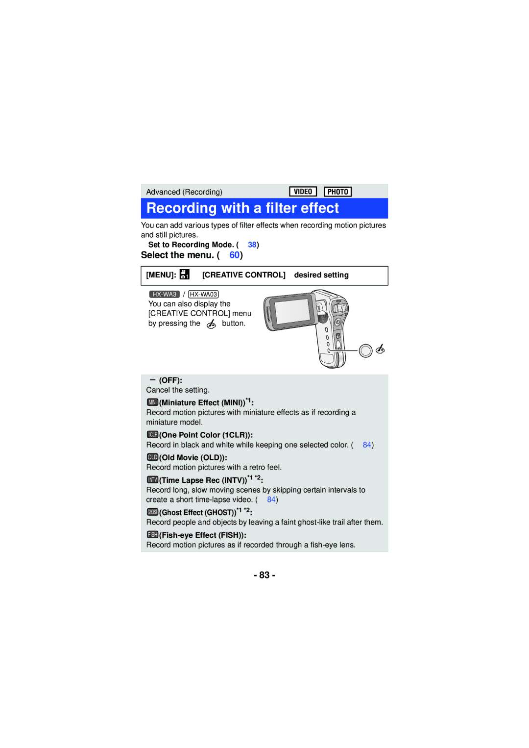 Panasonic HXWA03H, HX-WA30, HX-WA03 owner manual Recording with a filter effect 