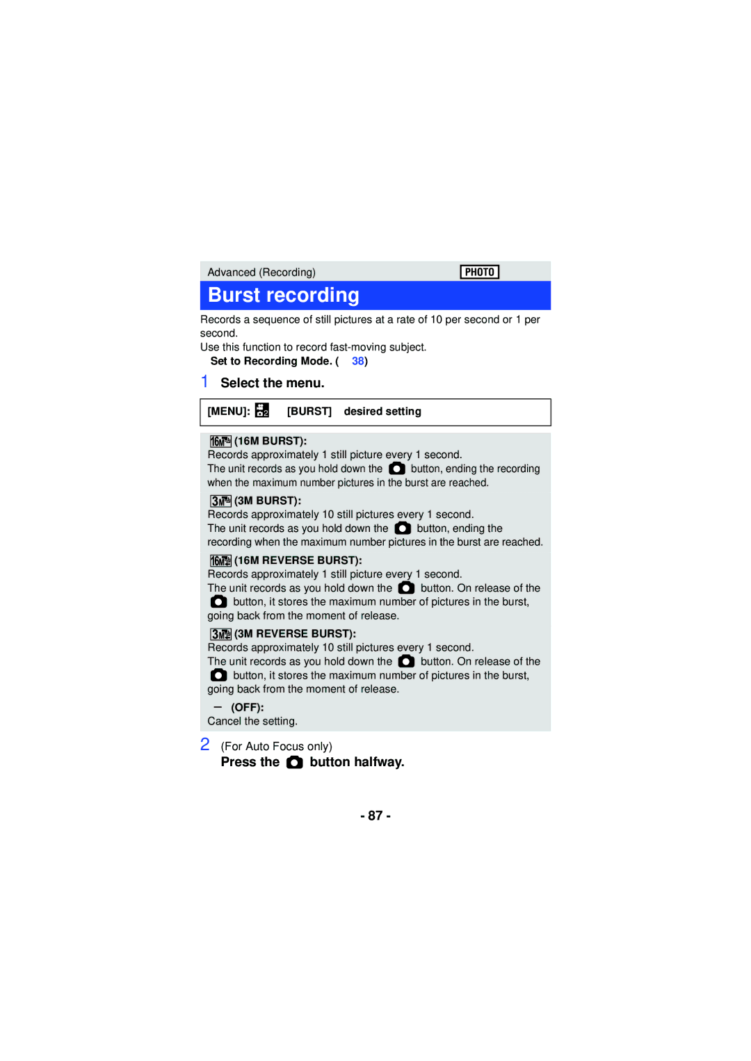 Panasonic HXWA03H, HX-WA30 Burst recording, Menu 2 # Burst # desired setting 16M Burst, 3M Burst, 16M Reverse Burst 