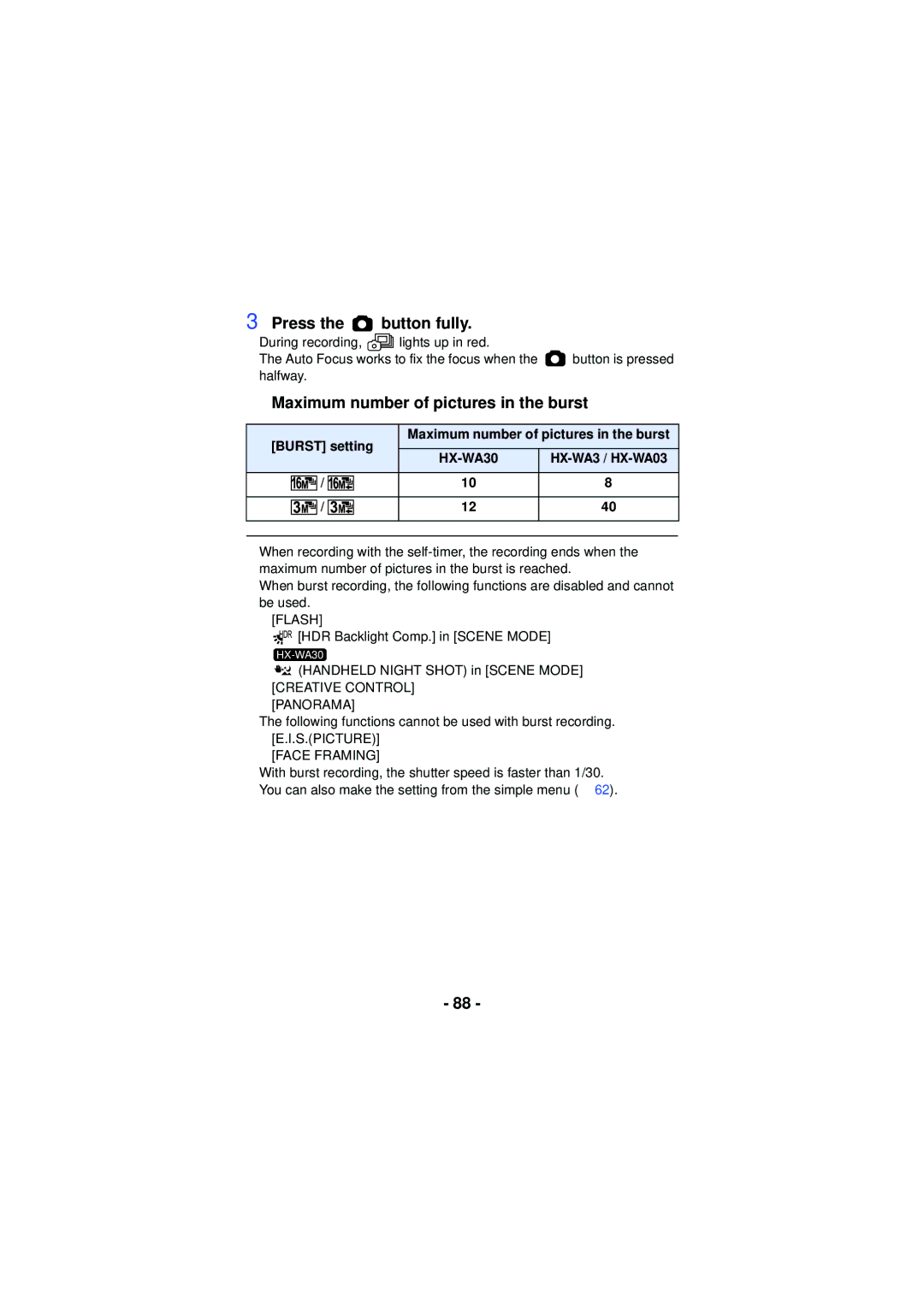 Panasonic HX-WA03, HXWA03H owner manual Maximum number of pictures in the burst, Burst setting, HX-WA30 