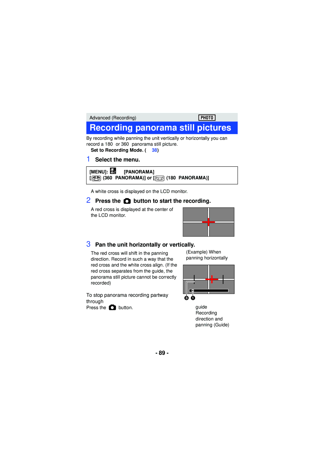 Panasonic HX-WA30, HX-WA03, HXWA03H owner manual Recording panorama still pictures, Press the button to start the recording 