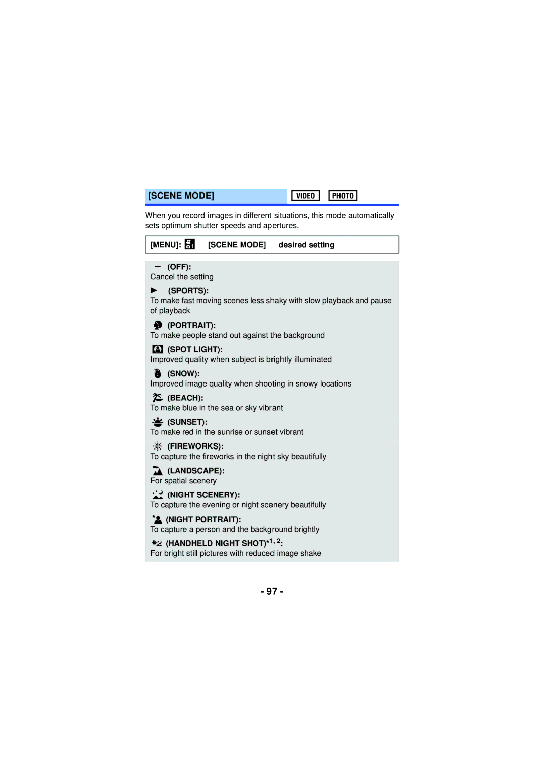 Panasonic HX-WA30, HX-WA03, HXWA03H owner manual Scene Mode 