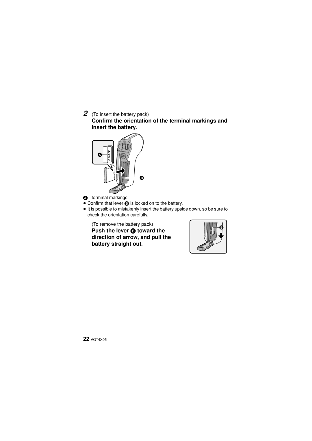 Panasonic HX-WA30, VQT4XD5 owner manual Push the lever B toward, Direction of arrow, and pull Battery straight out 