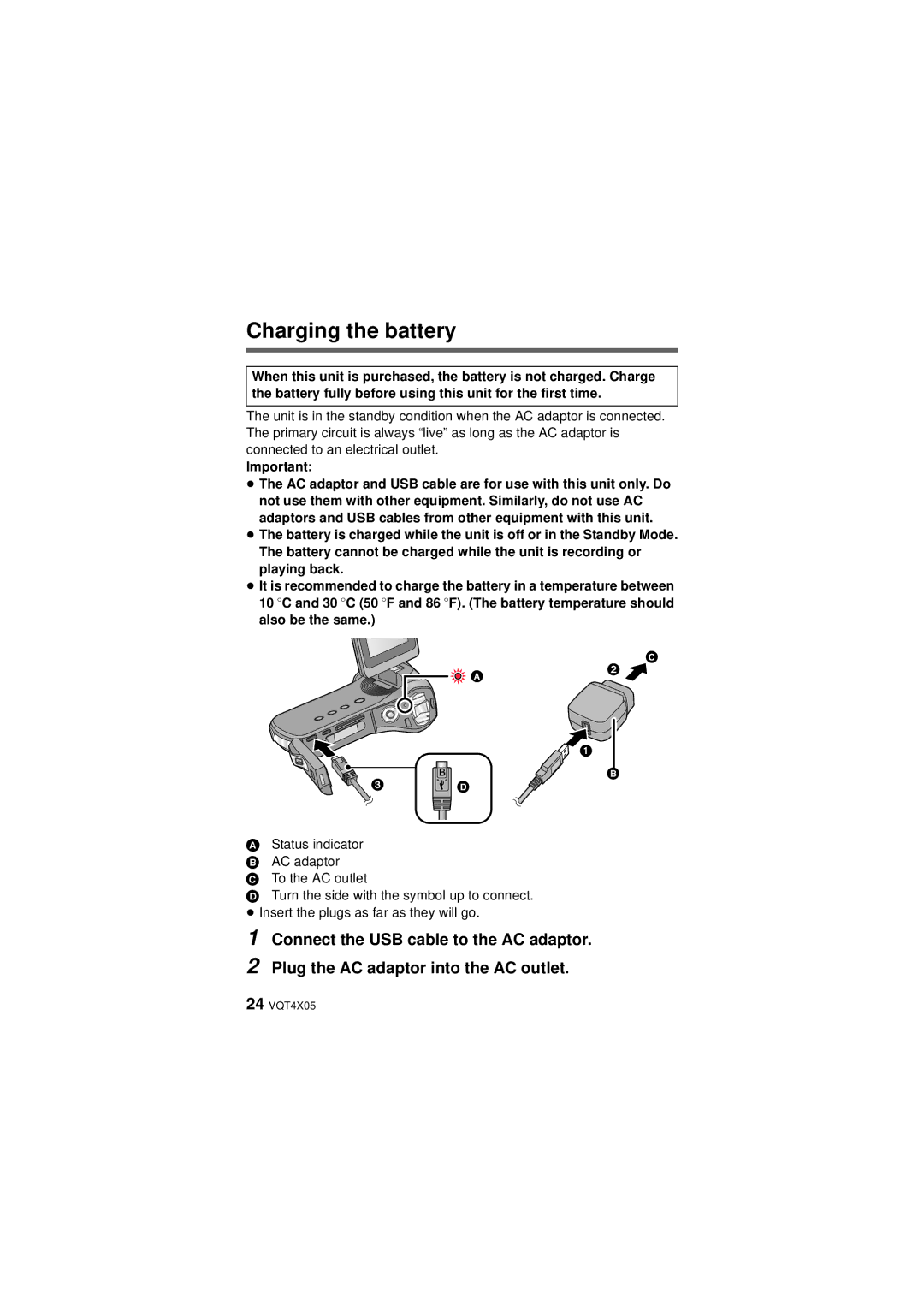 Panasonic HX-WA30, VQT4XD5 owner manual Charging the battery 