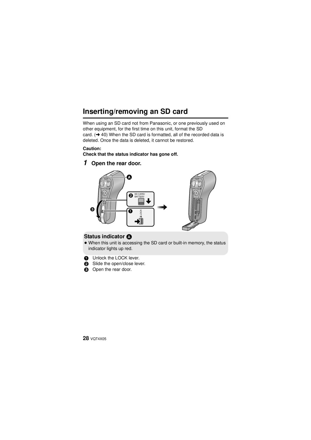 Panasonic HX-WA30, VQT4XD5 Inserting/removing an SD card, Status indicator a, Check that the status indicator has gone off 