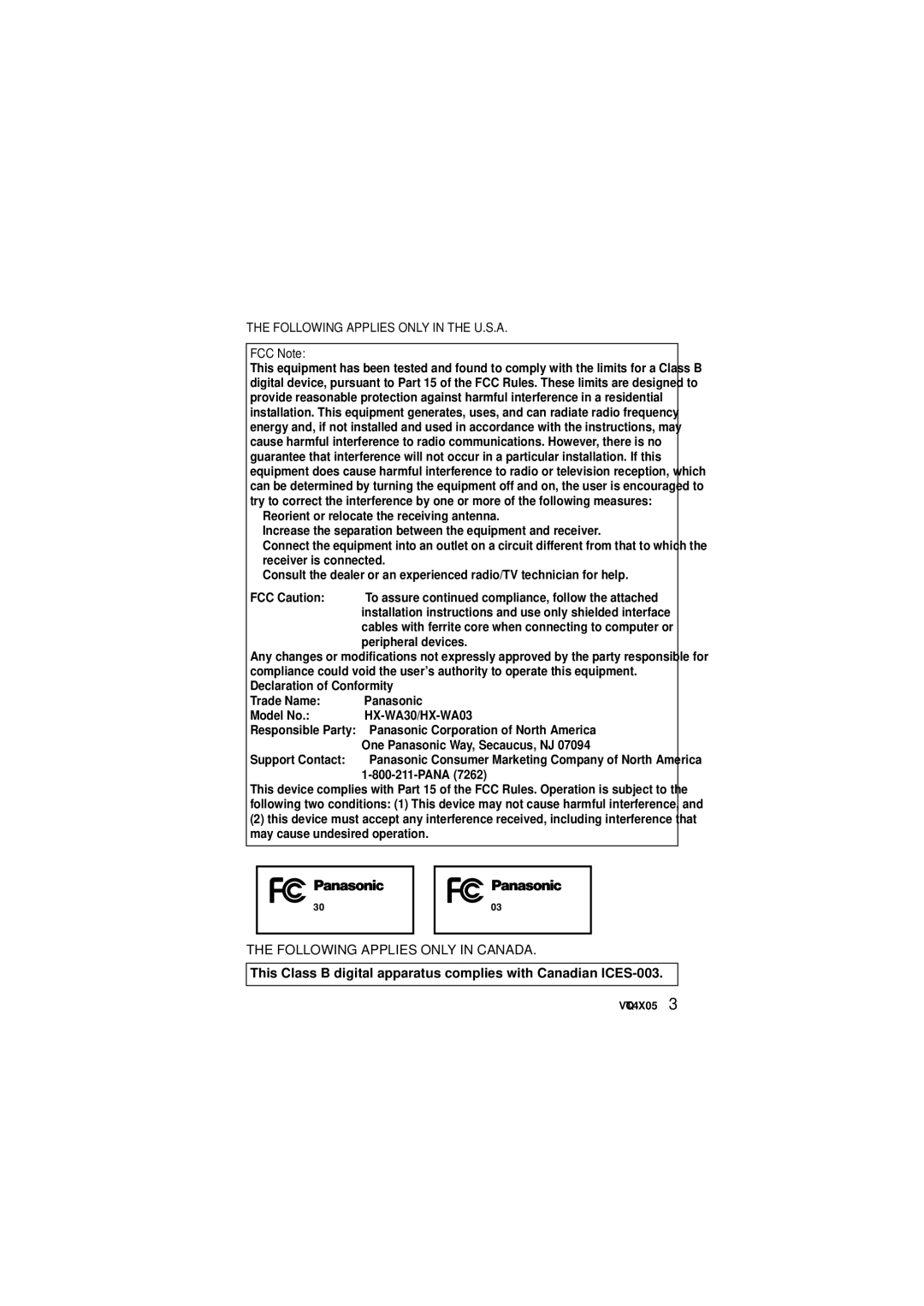 Panasonic VQT4XD5, HX-WA30 owner manual Following Applies only in Canada 