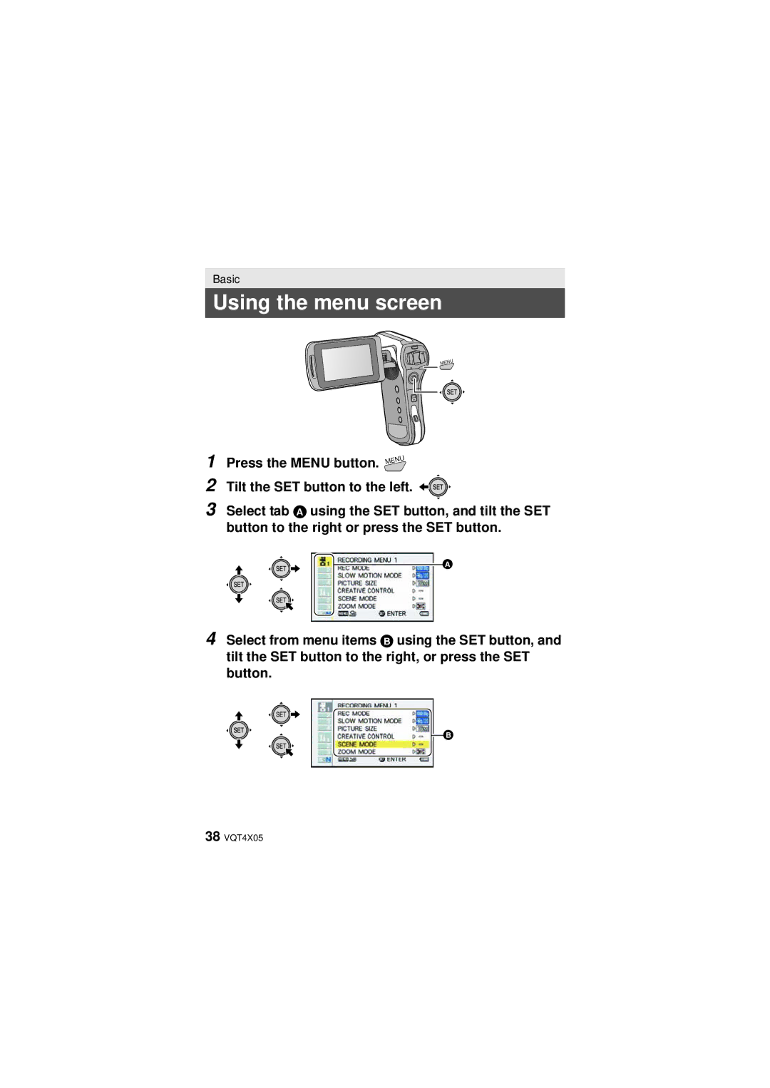 Panasonic HX-WA30, VQT4XD5 owner manual Using the menu screen 