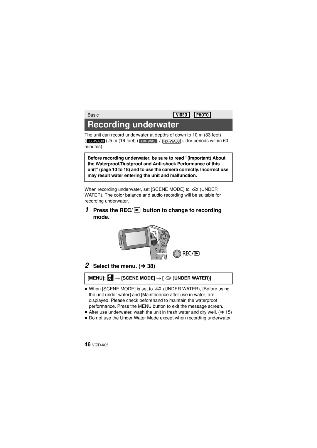 Panasonic HX-WA30, VQT4XD5 owner manual Recording underwater, Menu 1 # Scene Mode # Under Water 