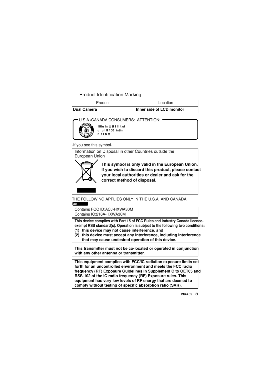Panasonic VQT4XD5, HX-WA30 Product Identification Marking, Product Location Dual Camera Inner side of LCD monitor 