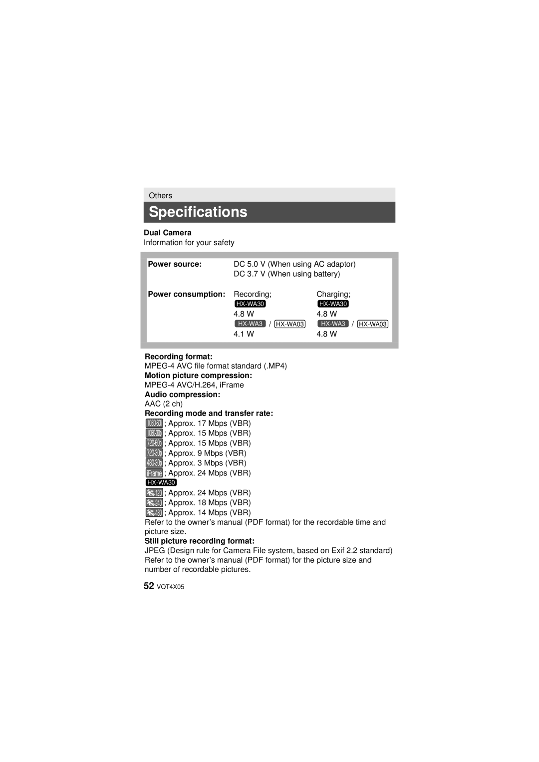 Panasonic HX-WA30, VQT4XD5 owner manual Specifications 