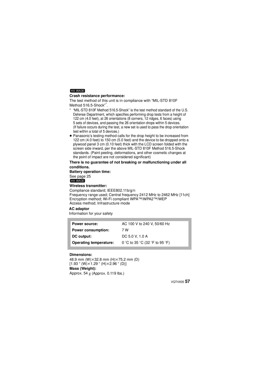 Panasonic VQT4XD5, HX-WA30 owner manual Crash resistance performance, Wireless transmitter 